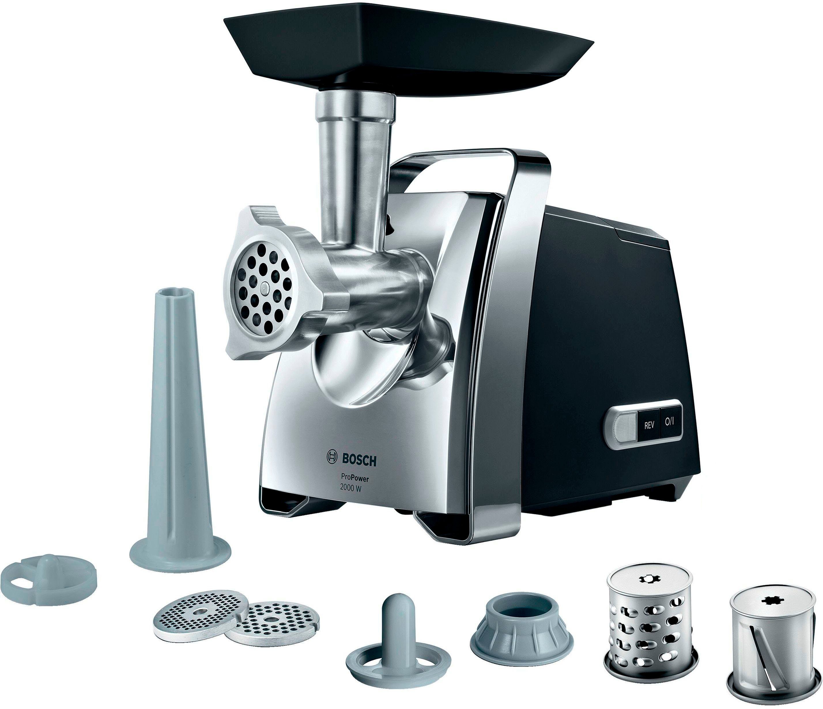 BOSCH Fleischwolf ProPower MFW67440, 2000 W Blockierlei., Rücklauf, Durchlaufschnitzler, 700 W, 3 Lochscheiben Edelstahl (3, 4,8, 8mm), Wurst-, Kebbe-Aufsatz