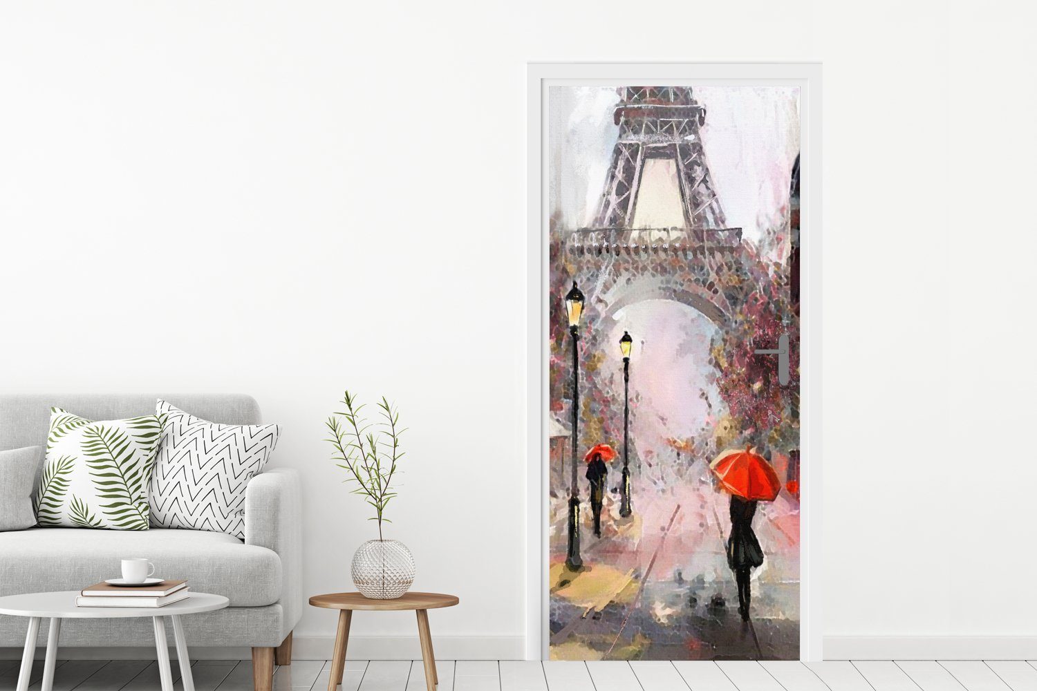 - bedruckt, (1 für Türtapete MuchoWow - Fototapete Tür, Ölgemälde, St), Eiffelturm Türaufkleber, 75x205 cm - Paris Matt, Gemälde Regenschirm -