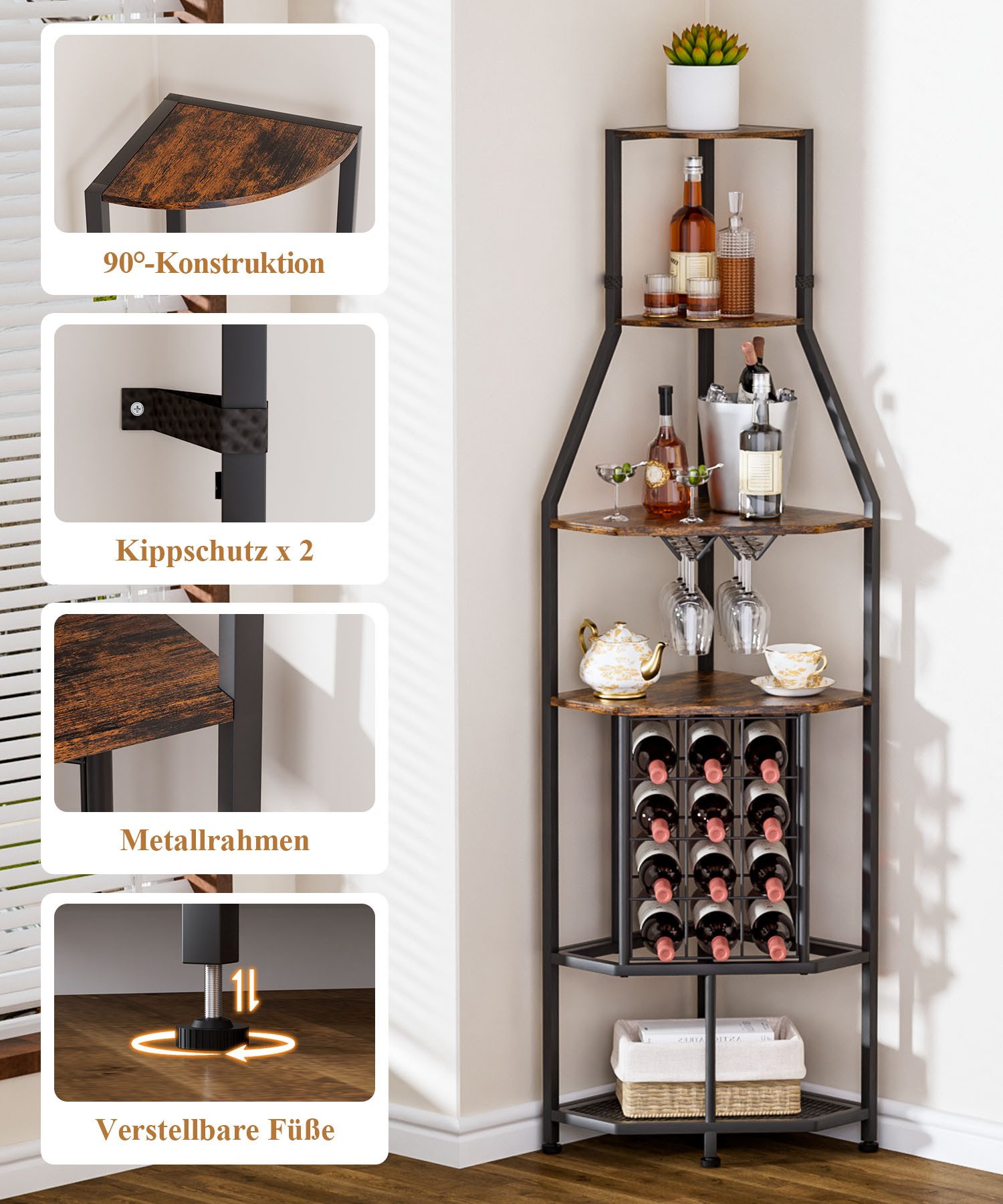 Yorbay Weinregal Eck-Weinregal Glashalter & Weinfach, Industrial Bar-Schrank
