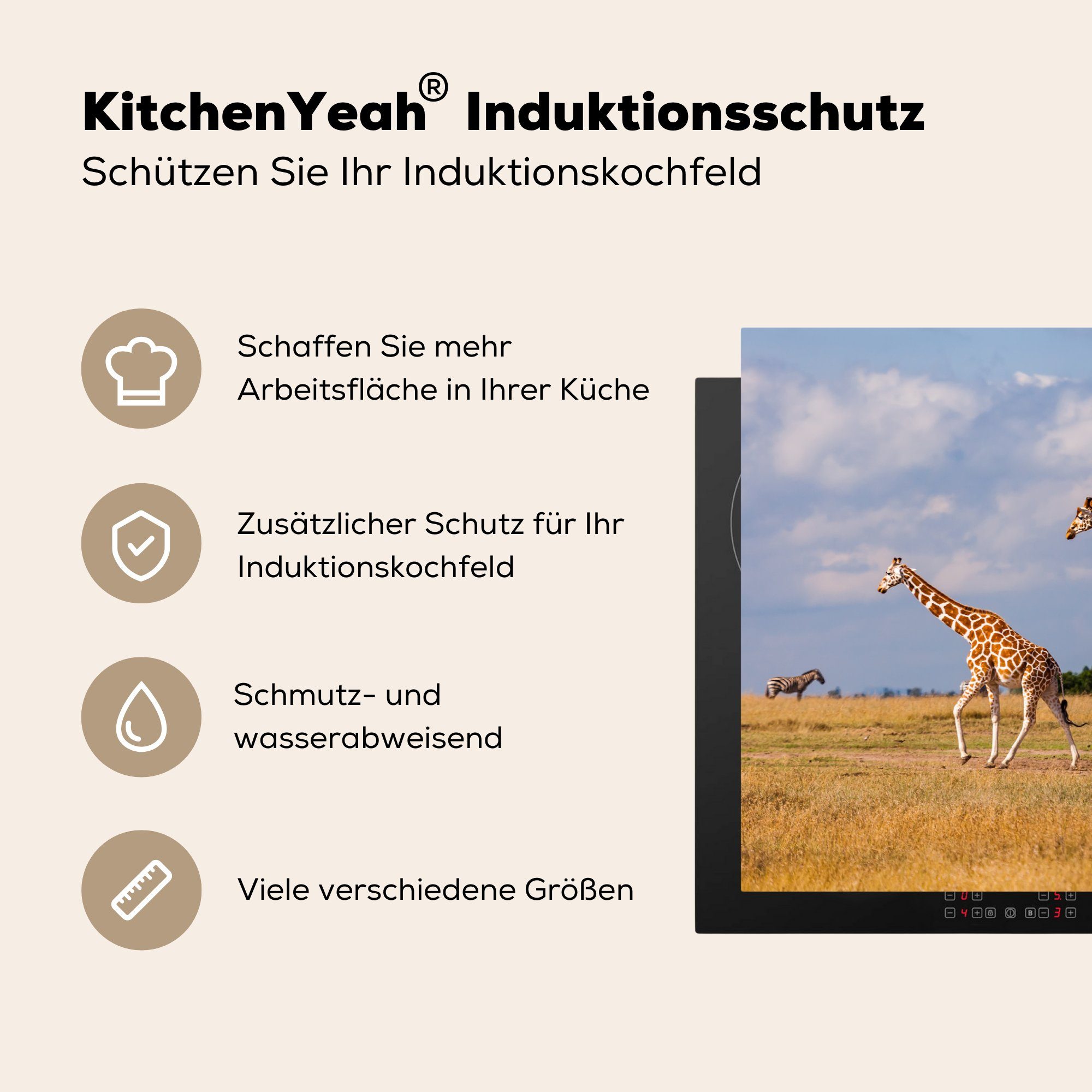 Induktionskochfeld (1 Schutz Giraffen Herdblende-/Abdeckplatte in 81x52 die Ceranfeldabdeckung tlg), Vinyl, küche, cm, MuchoWow für Kenia,