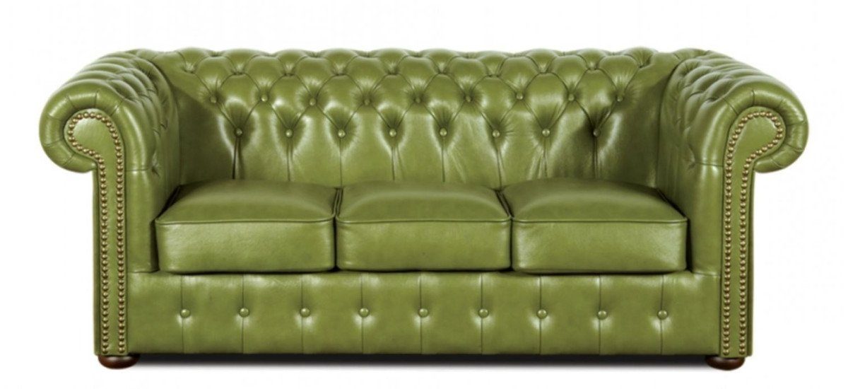 Casa Padrino 3-Sitzer Echtleder 3er Sofa Grün 200 x 90 x H. 78 cm - Luxus Chesterfield Möbel