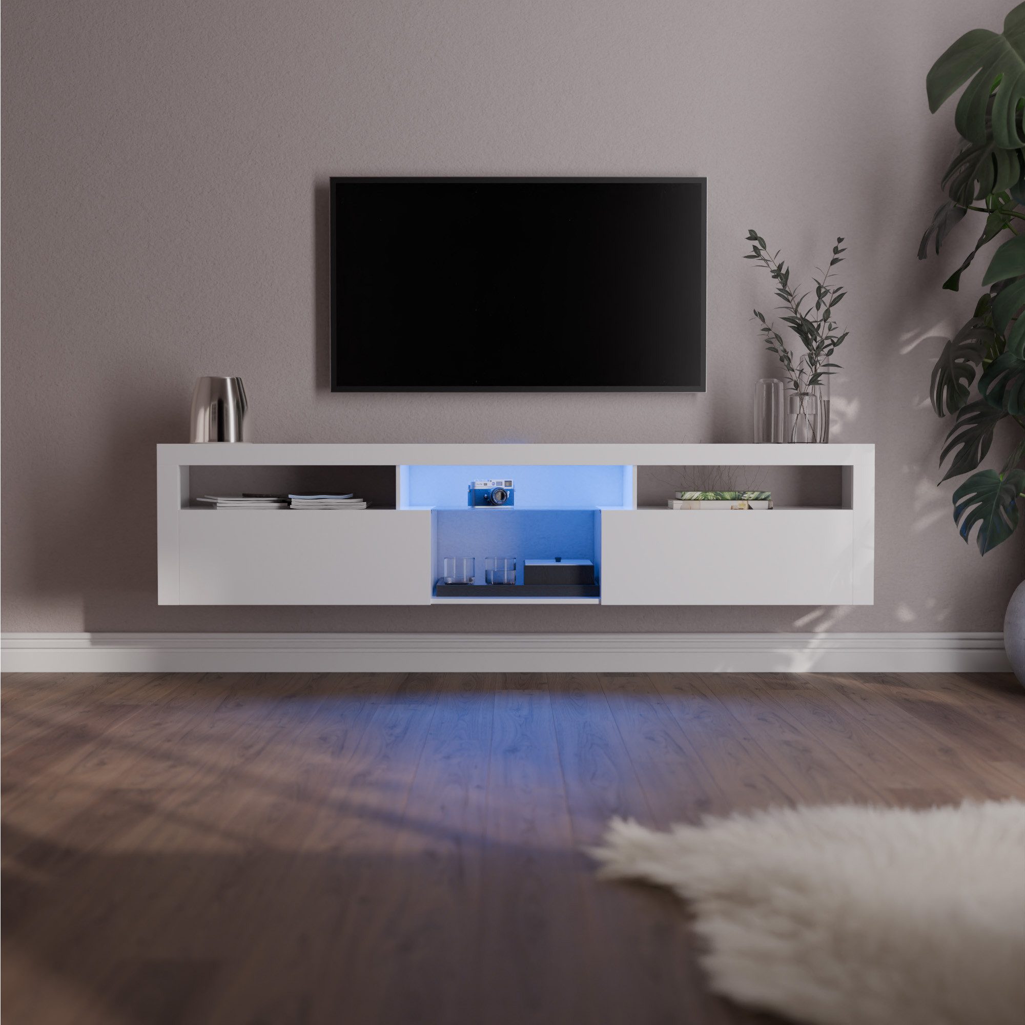 blumfeldt Lowboard Elgin Lowboard Fernsehschrank 150 x 30 x 40 cm, LED (Set), Fernsehschrank weiß TV-Schrank 3 Schubladen 150 x 30 x 40 cm (BxHxT)