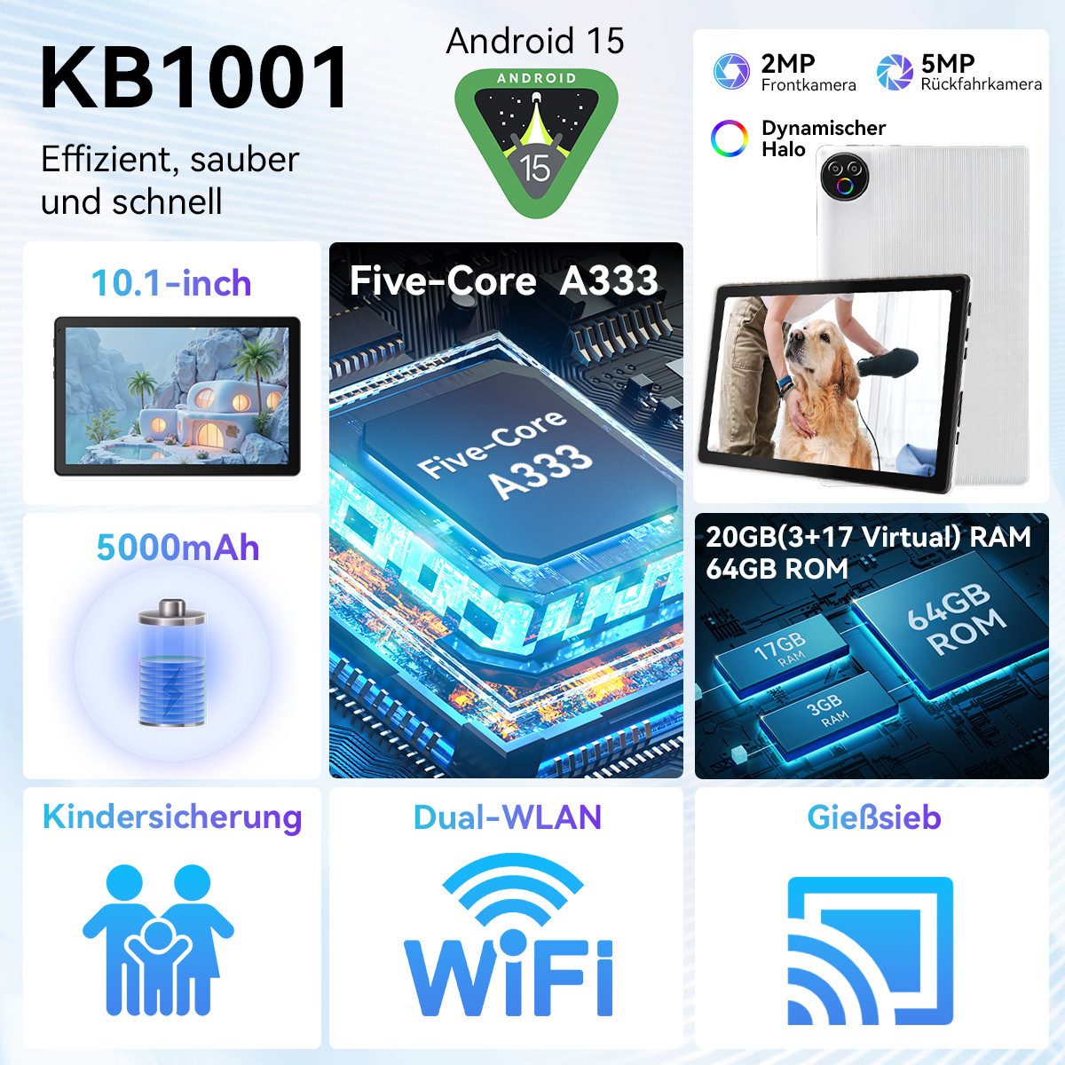 BUFO 10,1 Zoll 20(3+17)GB RAM 64GB ROM, Android 15, HD 1280x800, 5G WiFi Tablet (10,1", BT 5.4, WiFi 6, Dual-Kamera)