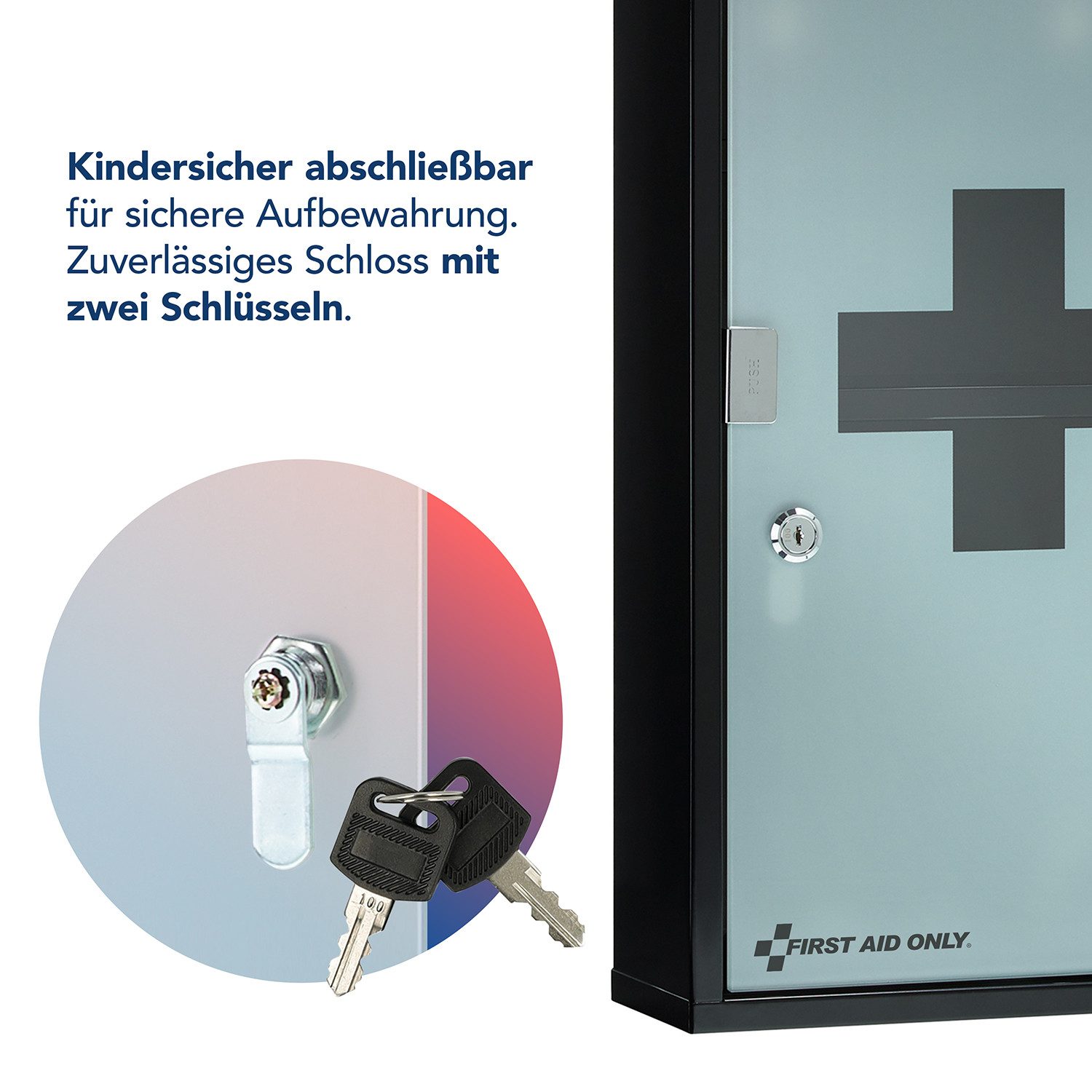 FIRST AID ONLY® Medizinschrank Medizinschrank Schwarz mit Glastür 3 Fächer, abschließbar Medikamentenschrank als Hängeschrank 50 x 30 x 12 cm – Bild 4 von 5