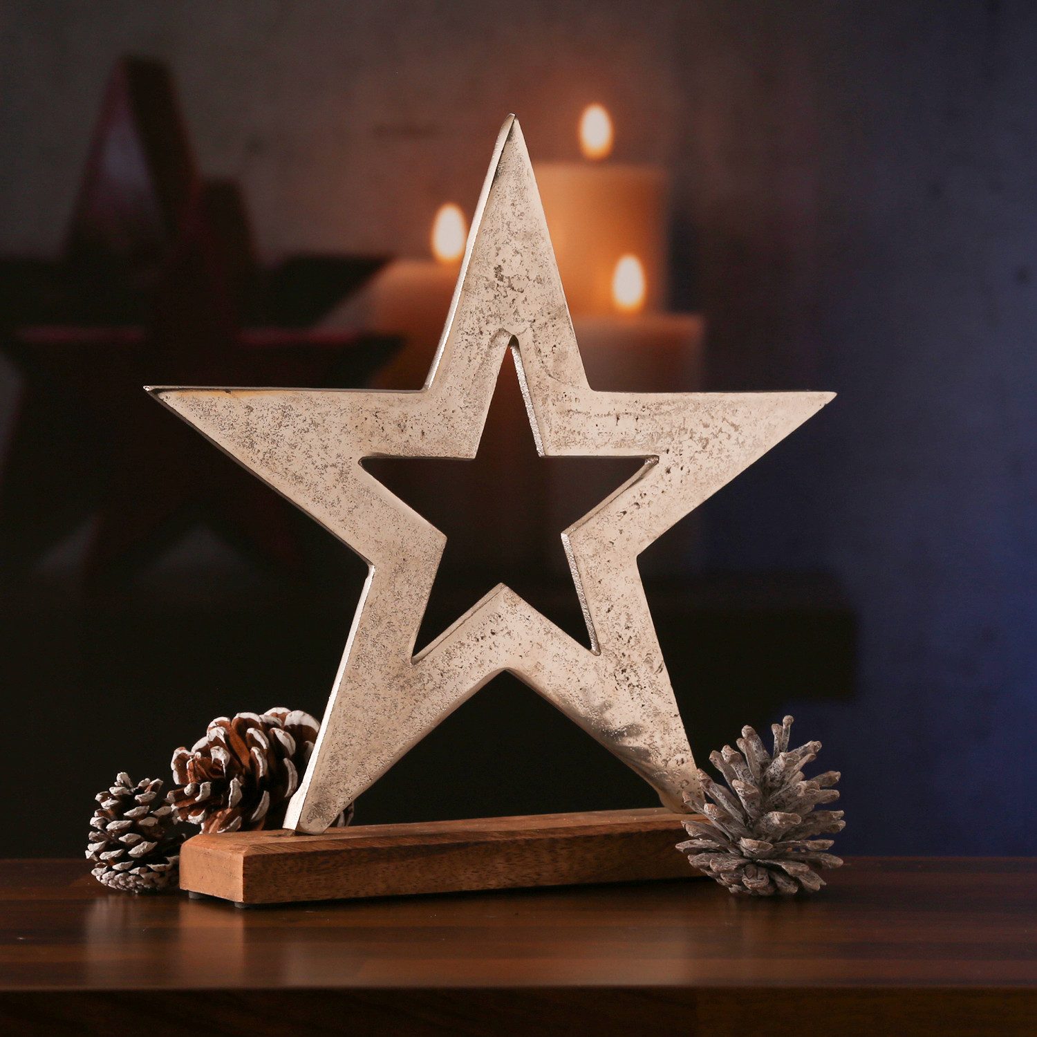 MARELIDA Dekoobjekt Dekostern Metallstern stehend Mangoholz H: 28,7cm Weihnachtsstern (1 St)