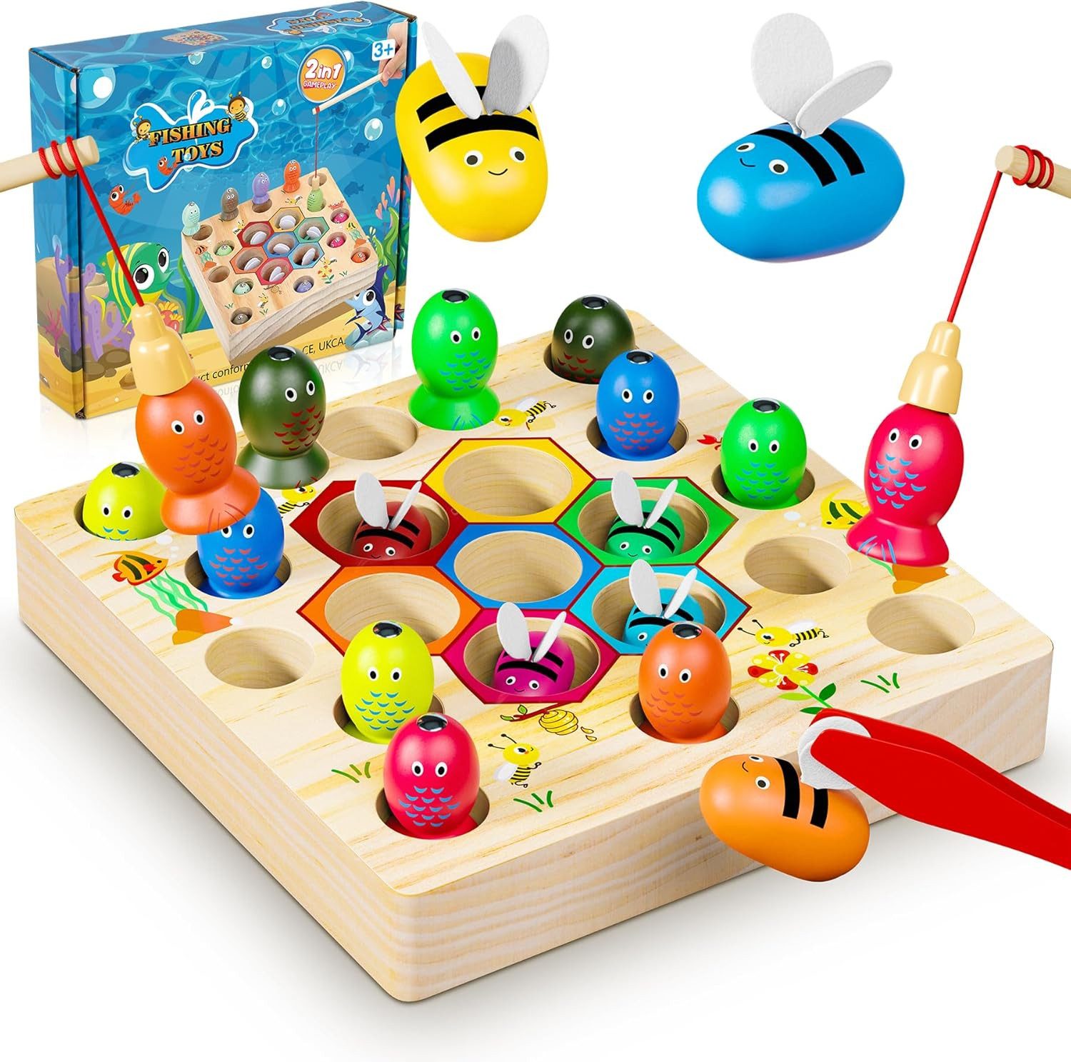 POPOLIC Lernspielzeug Magnetische Angelspiel ab 2 Jahre, Montessori Spielzeug 2 in 1 Baby (1-St., Holzspielzeug, Motorikspielzeug Fische Angeln Spiel 1 Set 2 3 4 Jahre), Mädchen Junge Geschenke für Kinder(Patentschutz)