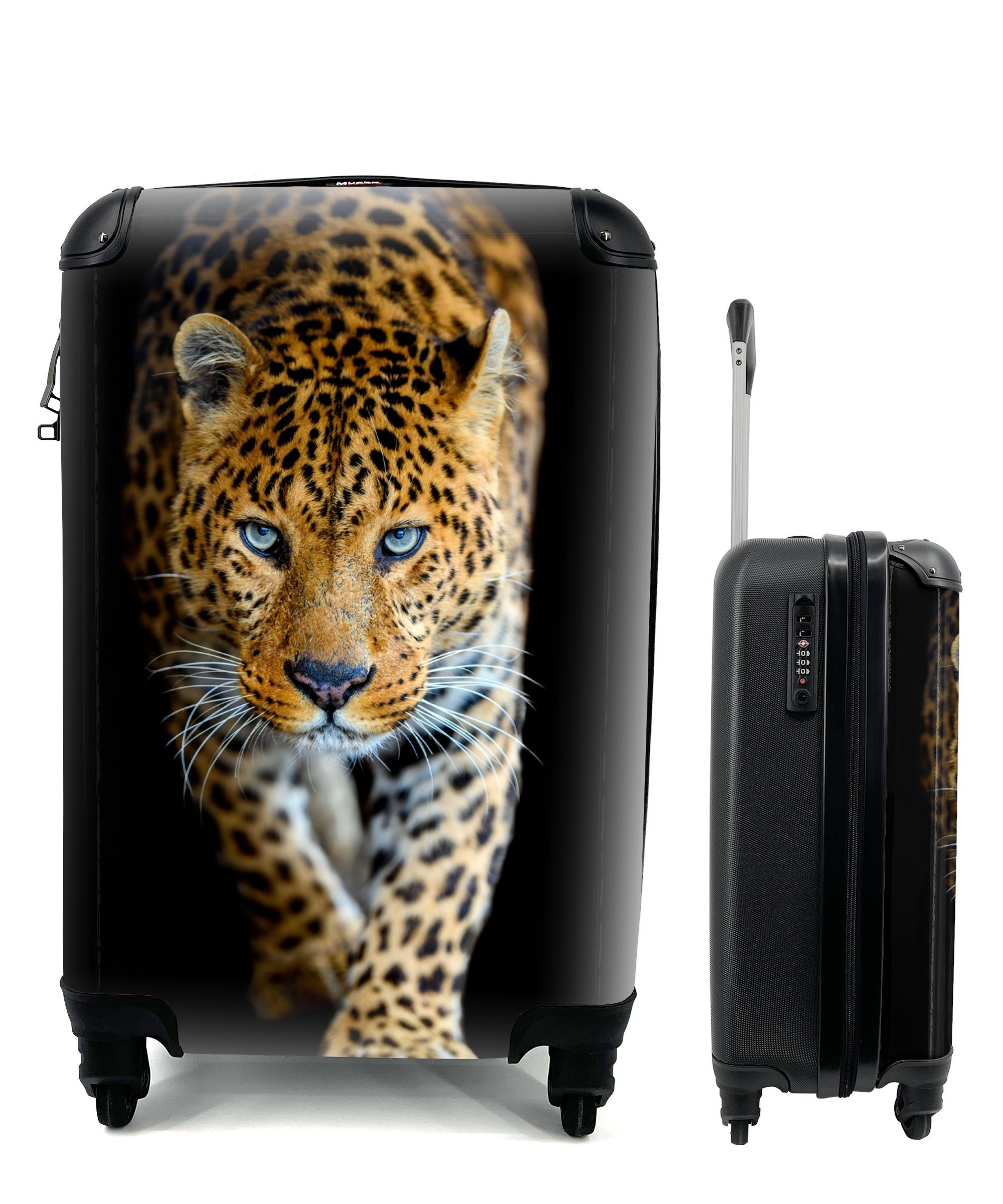 MuchoWow Handgepäckkoffer Leopard - Tiere - Porträt - Wildtiere - Schwarz, 4 Rollen, Reisetasche mit rollen, Handgepäck für Ferien, Trolley, Reisekoffer