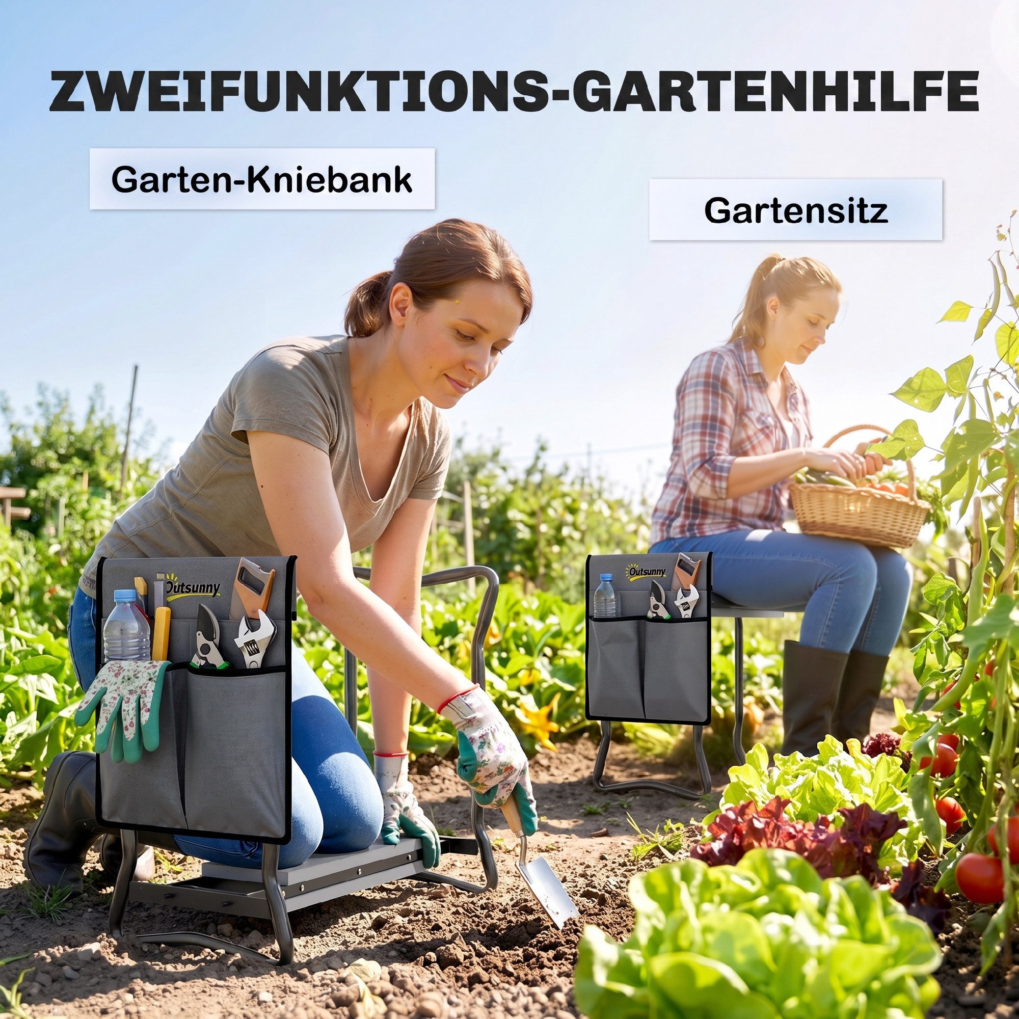 Outsunny Arbeitshocker klappbar mit Kniekissen, Werkzeugtaschen, belastbar bis 150 kg (Gartenhocker, 1 St., Kniebank), zum Knien & Sitzen 58 x 28 x 49cm Grau – Bild 4 von 5