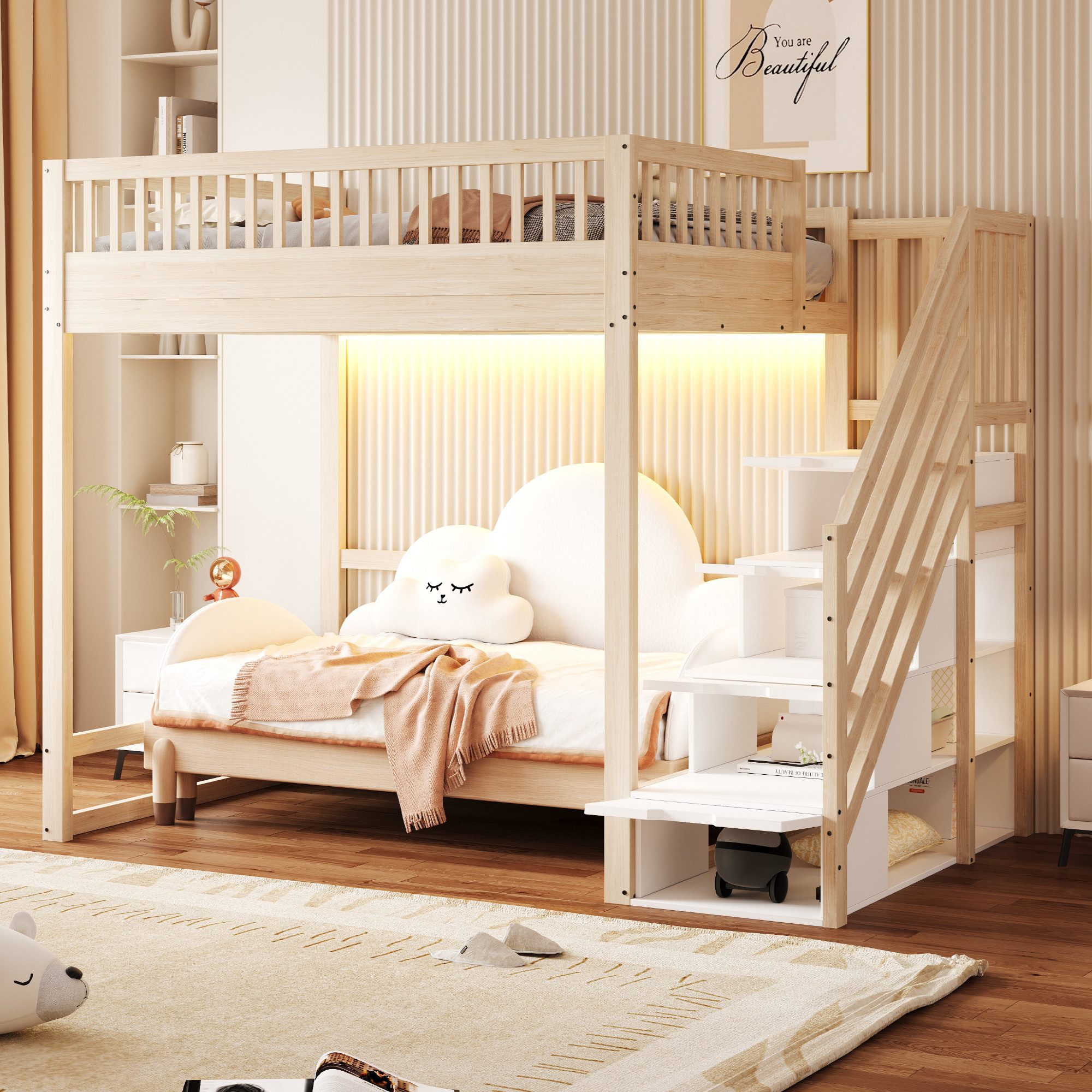 Odikalo Hochbett 140x200 Kinderbett Jugendbett mit LED, Stauraumtreppe (mit Sicherheitsleiter, Sicherheitsgeländer, Bettrahmen aus massivem Kiefernholz, LED-Lichtleiste, austauschbaren Sicherheitsleitern auf beiden Seiten, Kinderbett, Holzfarbe)