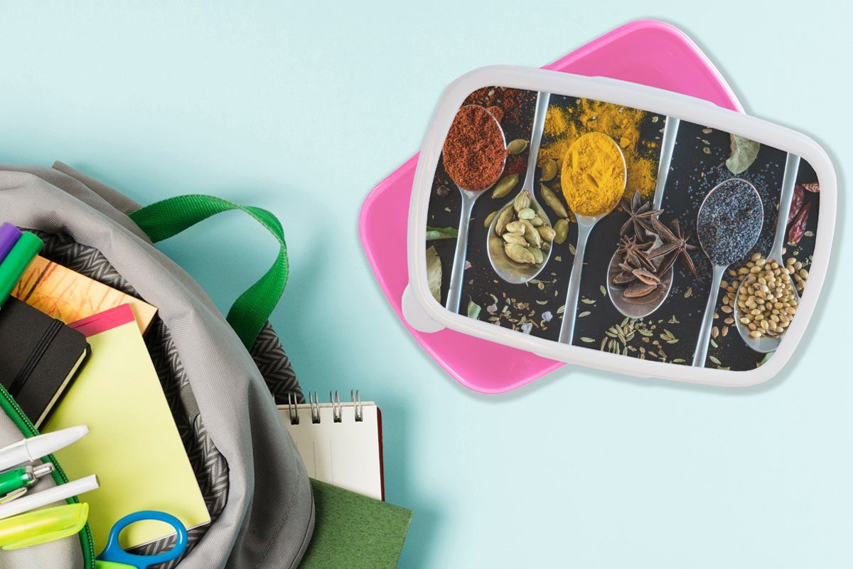 Erwachsene, Essen Gewürze Tisch, (2-tlg), Kunststoff, Brotdose Brotbox Mädchen, - MuchoWow Lunchbox für - Kräuter Kunststoff - Löffel Snackbox, Kinder, - rosa