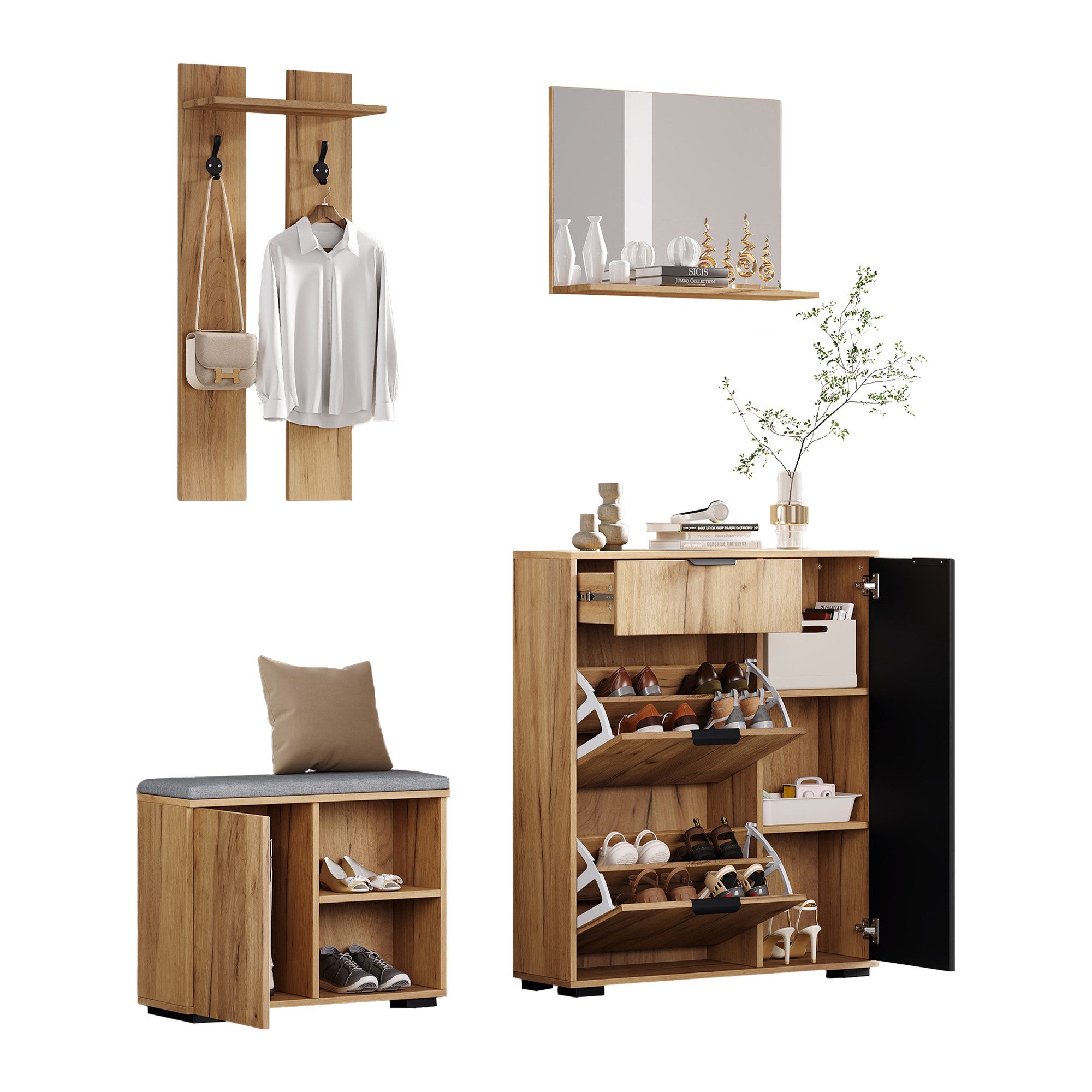 Refined Living Garderoben-Set Flur-Garderoben-Set mit Schuhbank, Spiegel, Haken, 4 Türen 140 cm, (Garderoben-Set, Flurmöbel, Schuhschrank, Schuhbank, Wandgarderobe, 140x35x139 cm, Natur, Spanplatte, 1-St., mit Spiegel, Schublade, 2 Haken, 4 Türen, Sitzpolster), verstellbare Böden, platzsparend, modern, Kippsicherung