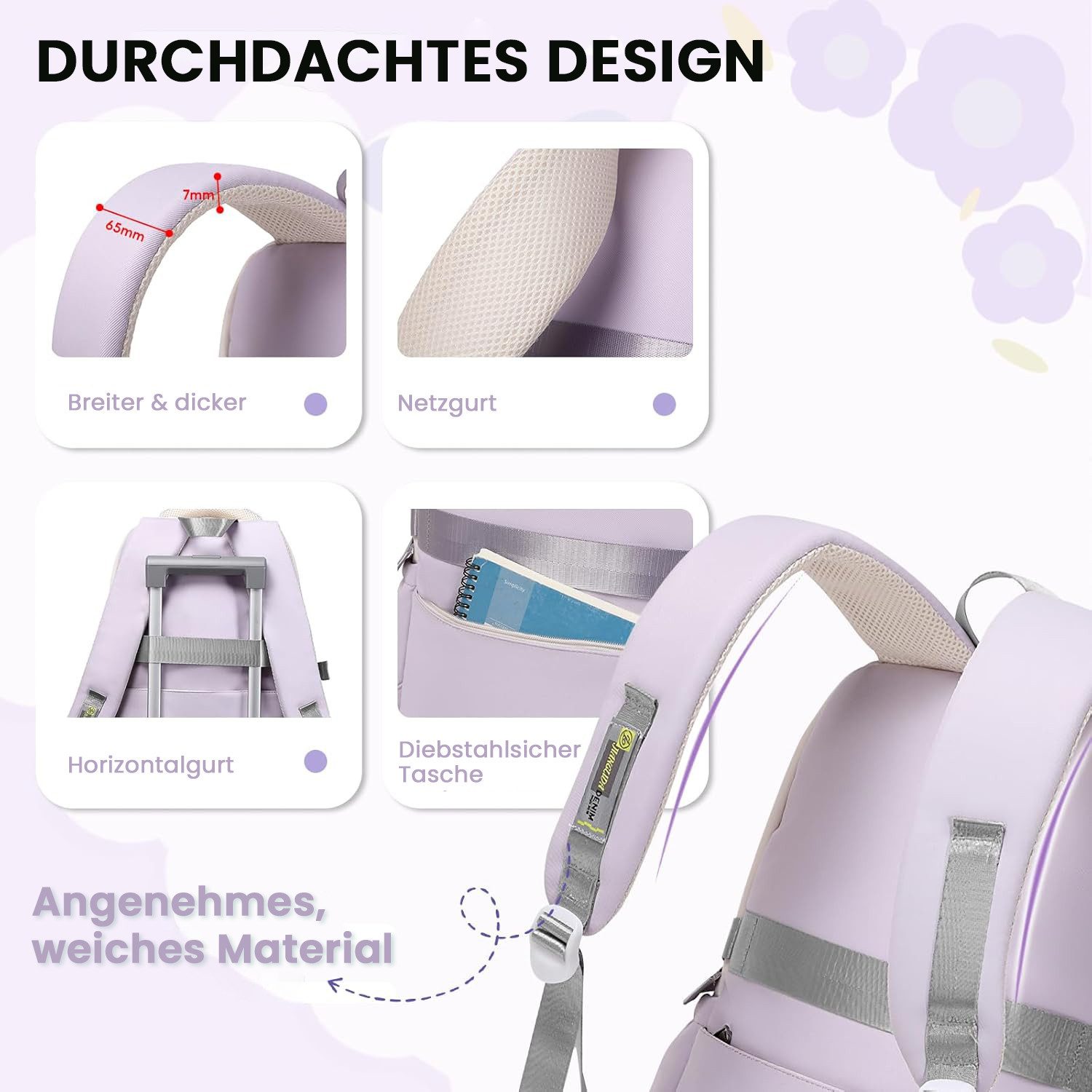 MOPUEA Schulrucksack 3-teiliges Schulrucksack-Set Turnbeutel Mit 6 magnetischen Lesezeichen (Multi-Tasche Schulranzen Rucksack Daypacks Schultaschen-Set Teenage – Bild 4 von 5