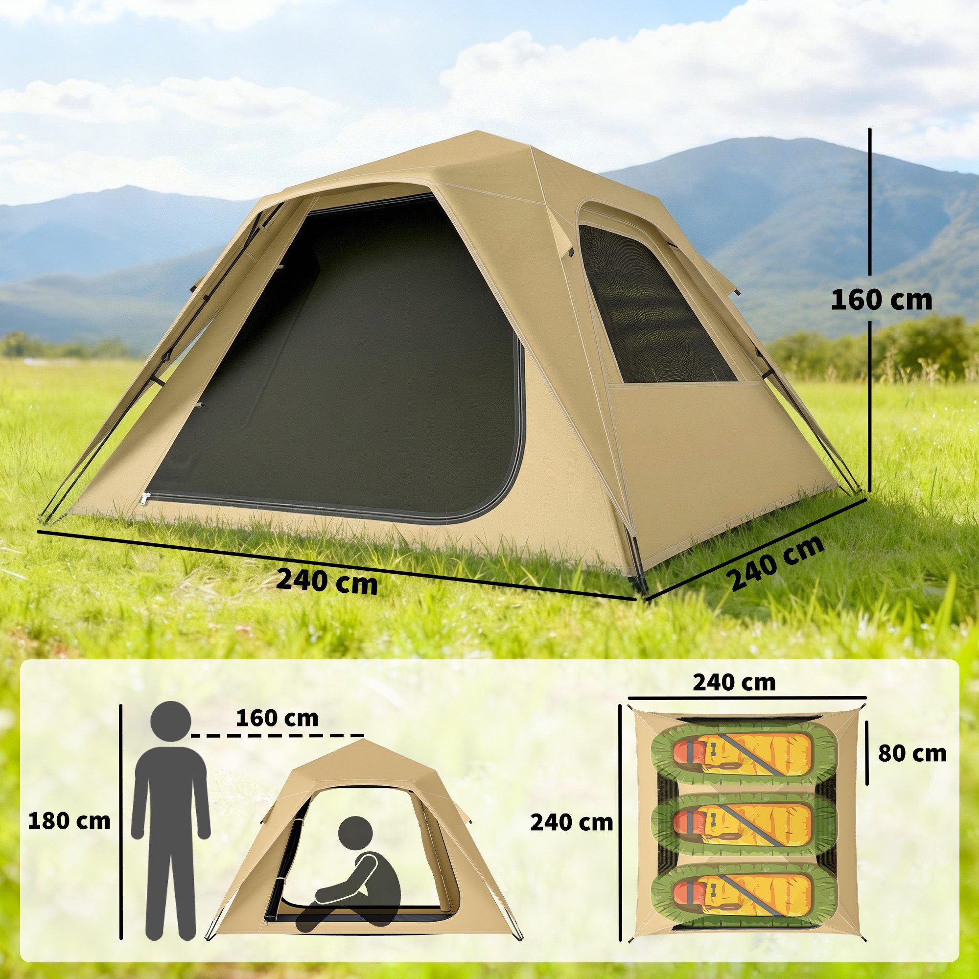 Outsunny Kuppelzelt mit Regenschutz 2 Türen 2 Fenstern Tragetasche, Personen: 3 (wasserdicht Familienzelt, 1 tlg., Instant-Pop-Up-Zelt), 240 x 240 x 160 cm Khaki