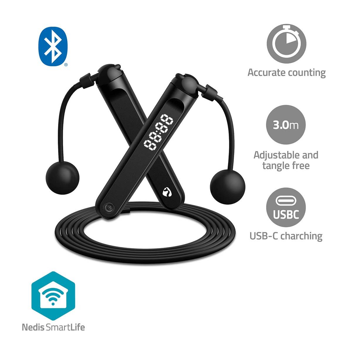 Nedis Springseil BTHJR10BK, Bluetooth, LED-Display, Hall-Sensor, App-Sync, kabellos nutzbar
