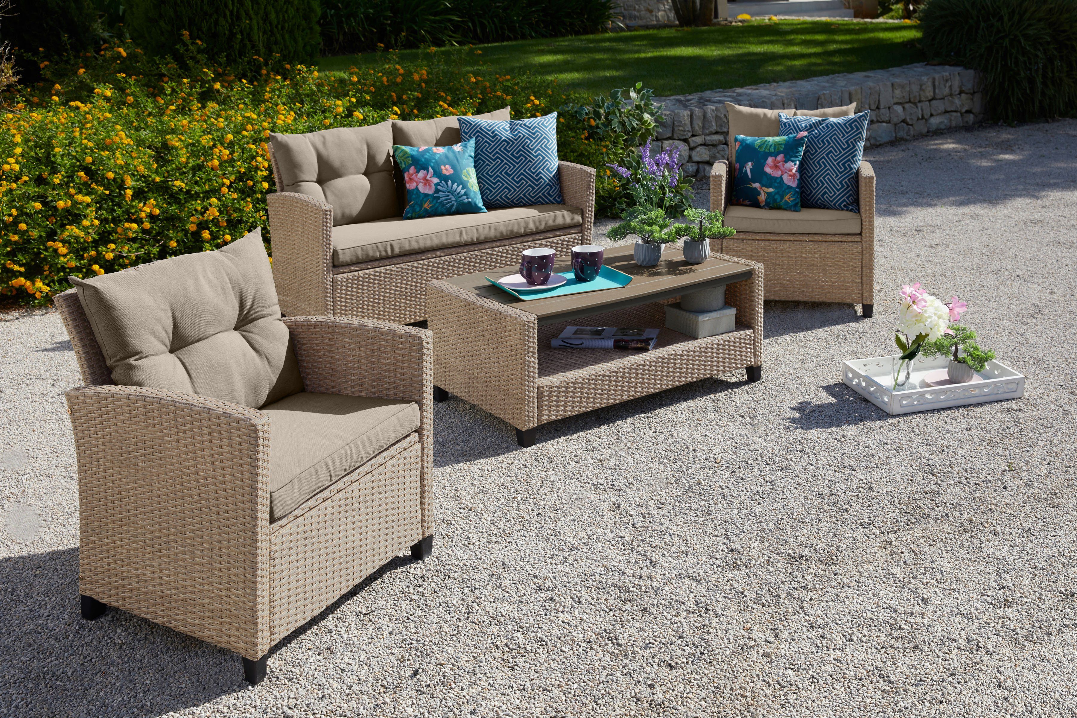 KONIFERA Gartenlounge-Set Lorca, (Set, 16-tlg., 2xSessel,2er Sofa,1xTisch 90x55x42,5cm,2x Hocker inkl. Auflagen, Stahl), Polyrattan, Ablagefläche unter dem Tisch, Tischplatte aus Nonwood