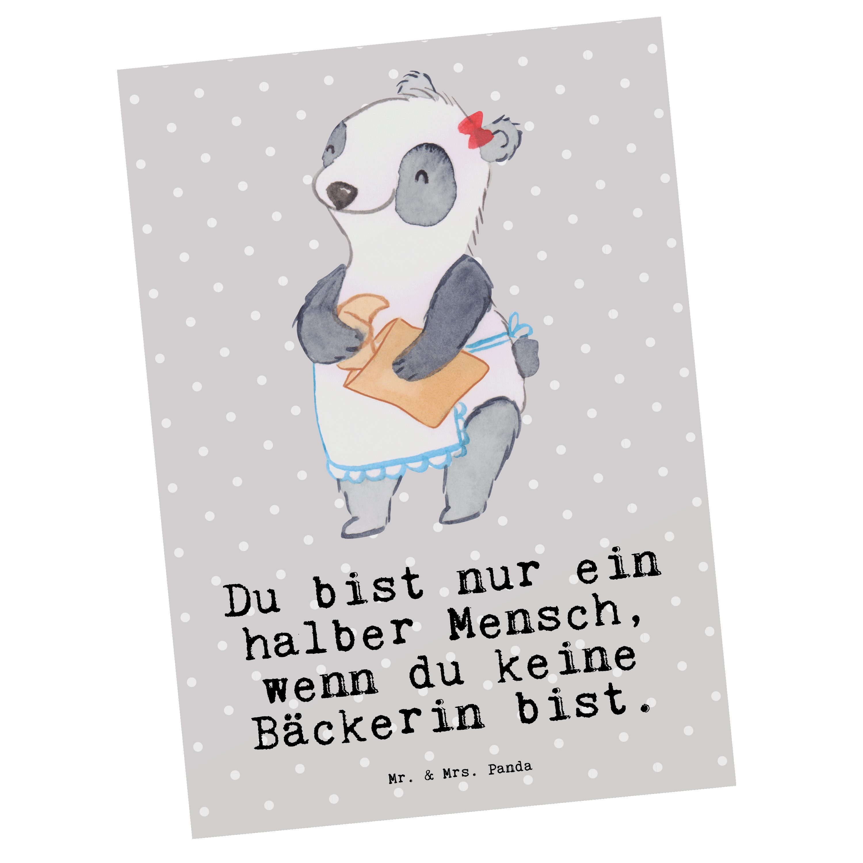 Mr. & Mrs. Panda Postkarte Bäckerin mit Herz - Grau Pastell - Geschenk, Backstube, Einladung, Da