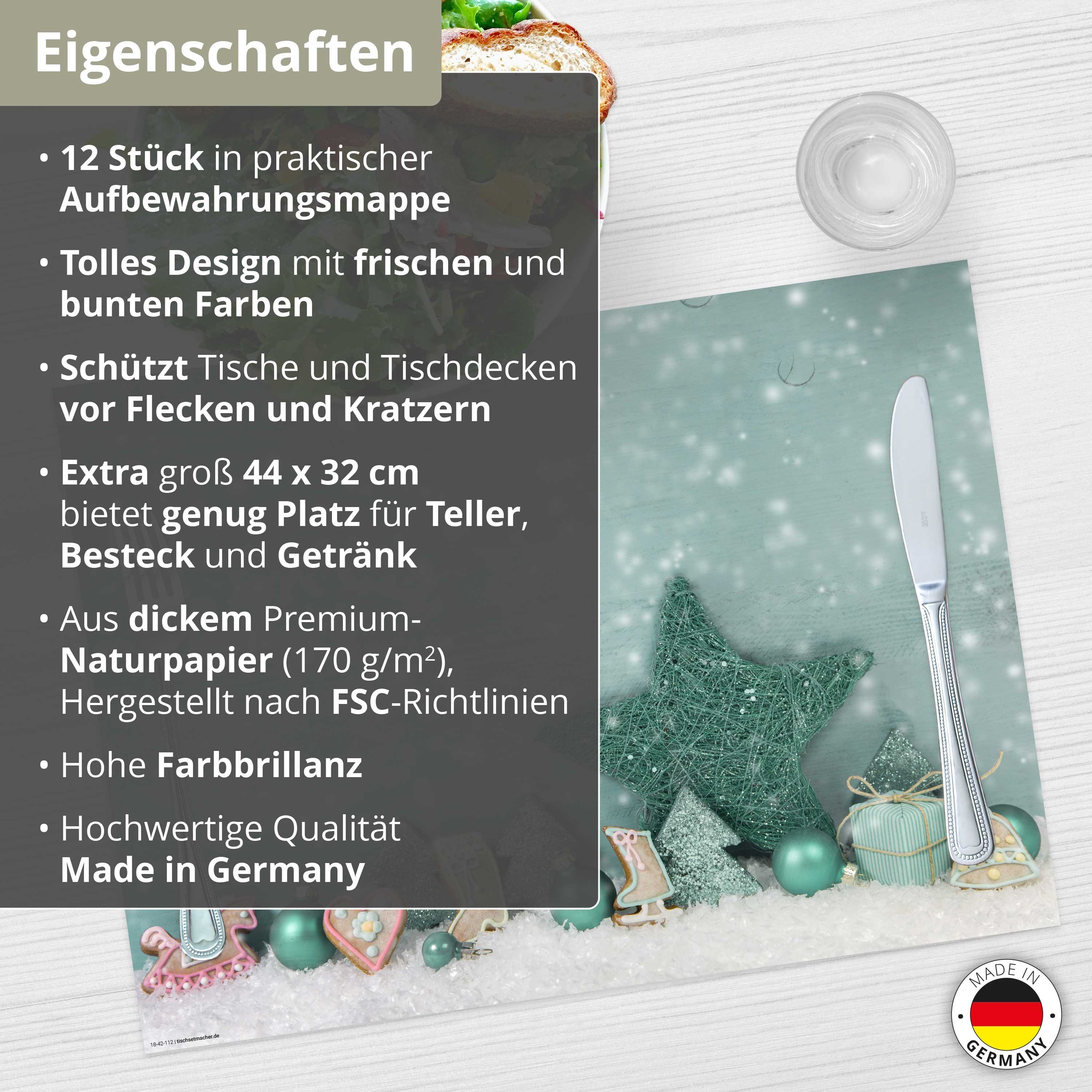 Tischsetmacher Platzset Tischsets I Platzsets - Weihnachten - Weihnachtliches Arrangement, (aus Naturpapier in Aufbewahrungsmappe, 12-St., 44 x 32 cm / türkis), Made in Germany