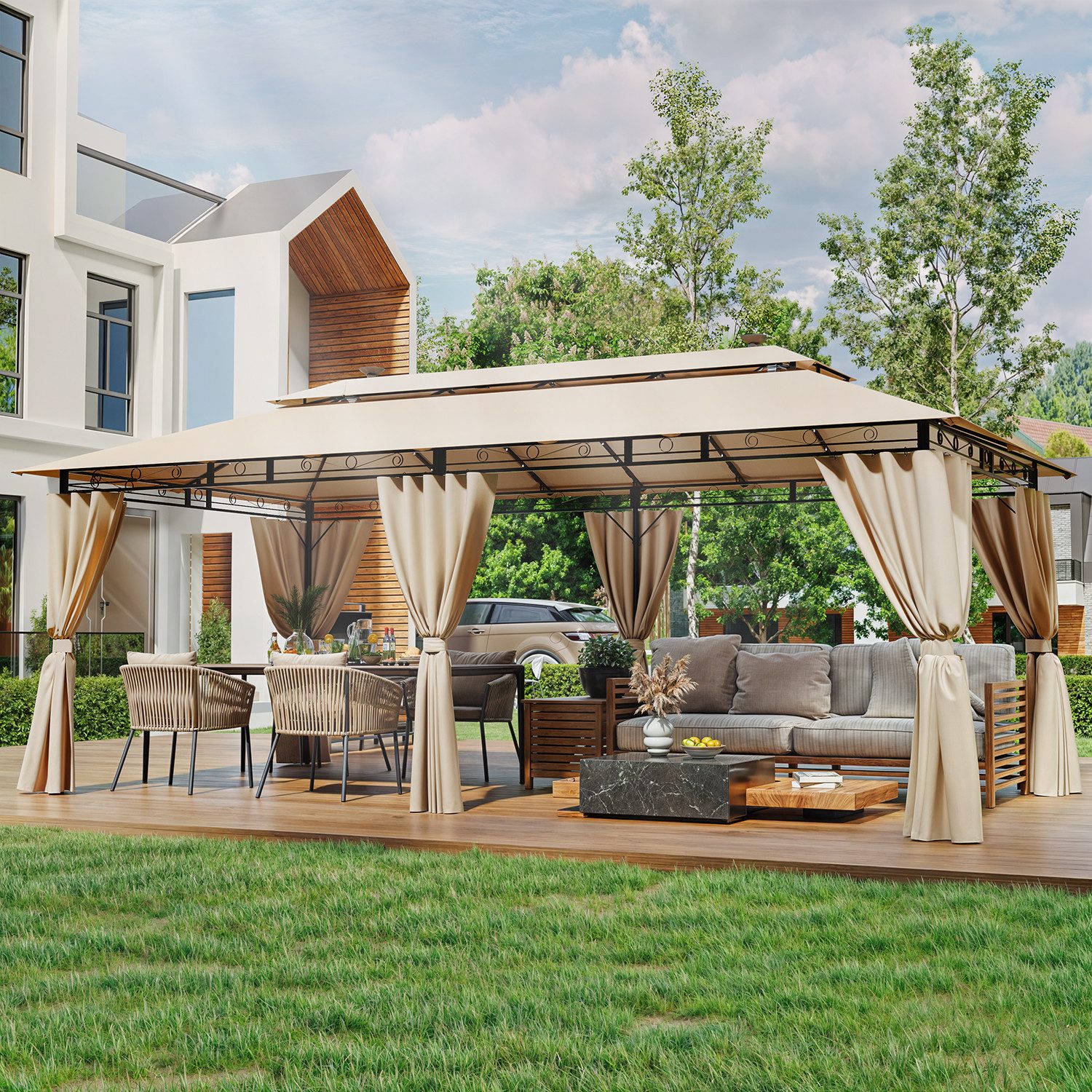 HOMALL Pavillon 300x600cm Wetterfestes Gartenpavillon mit 6 Seitenwänden und Solar-LED, mit 6 Seitenteilen, Gartenpavillon für 10-12 Personen, Winterfest und Wasserdicht