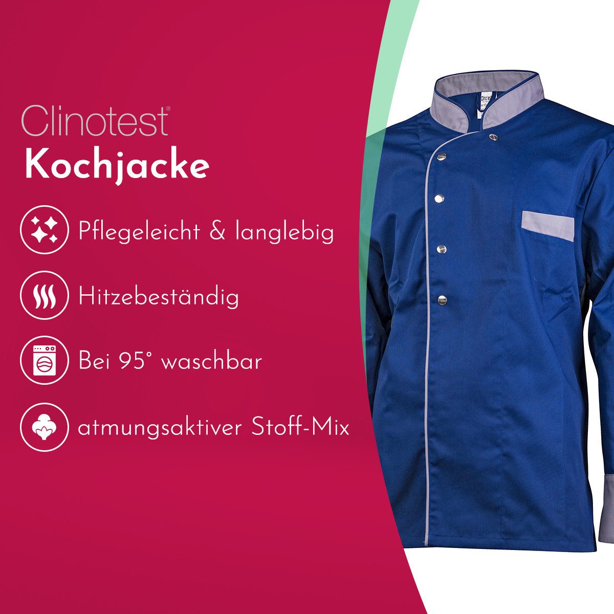 Clinotest Kochjacke langarm - 95 Grad waschbare, kochfeste Kochjacken ohne Einlaufen (1-St) Kochhemd aus 65% Polyester, 35% Baumwolle, mit Druckknopfverschluss – Bild 2 von 5