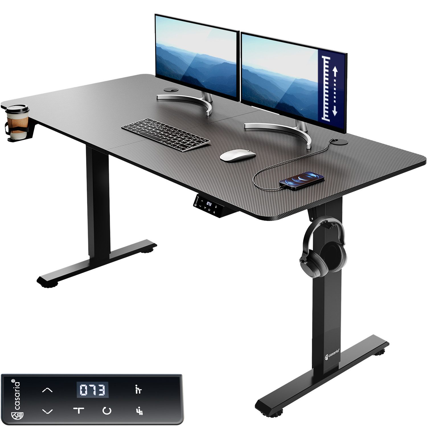 Casaria Schreibtisch, Höhenverstellbar Elektrisch 140x60cm LCD- Display Stahlgestell Büro