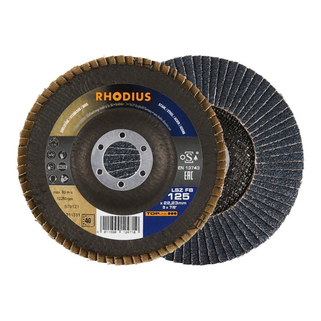 Rhodius Schleifscheibe RHODIUS TOPline LSZ FB Fächerschleifscheibe 125 x 22,23 mm K60 10 Stk