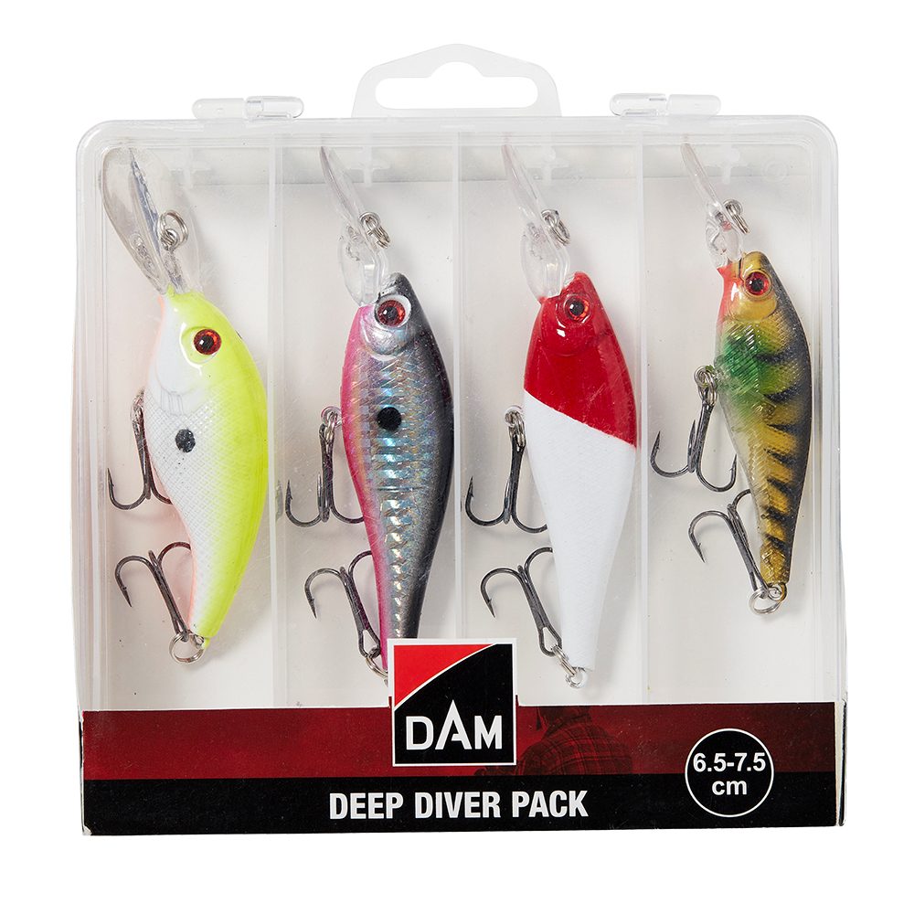 DAM Fishing Kunstköder Deep Diver Pack mit Box 6,5 - 7,5cm 4 Wobbler Raubfisch Köder, (Spar-Set, 4-St), Hervorragend geeignet zum Werfen und Schleppen