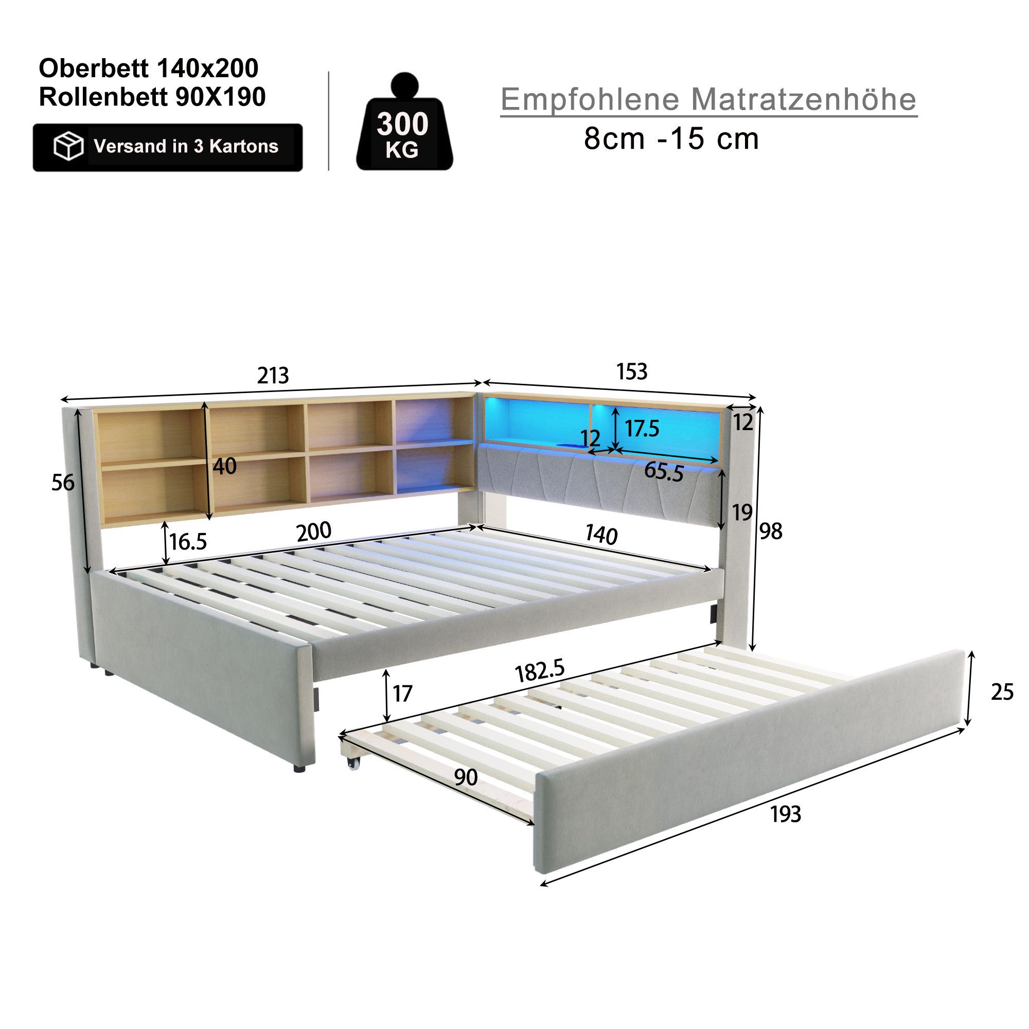 Flieks Daybett, Kinderbett Schlafsofa 140x200cm mit LED Steckdose Ausziehbe günstig online kaufen