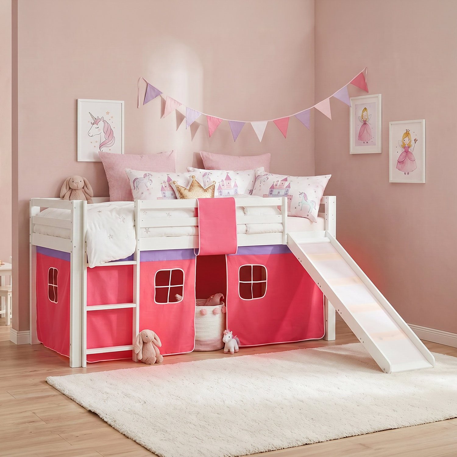 Homestyle4u Hochbett 90x200 cm Kinderbett Weiß mit Vorhang Pink (Set, mit Rutsche, Lattenrost, Spielbett) mit Lattenrost und Rutsche