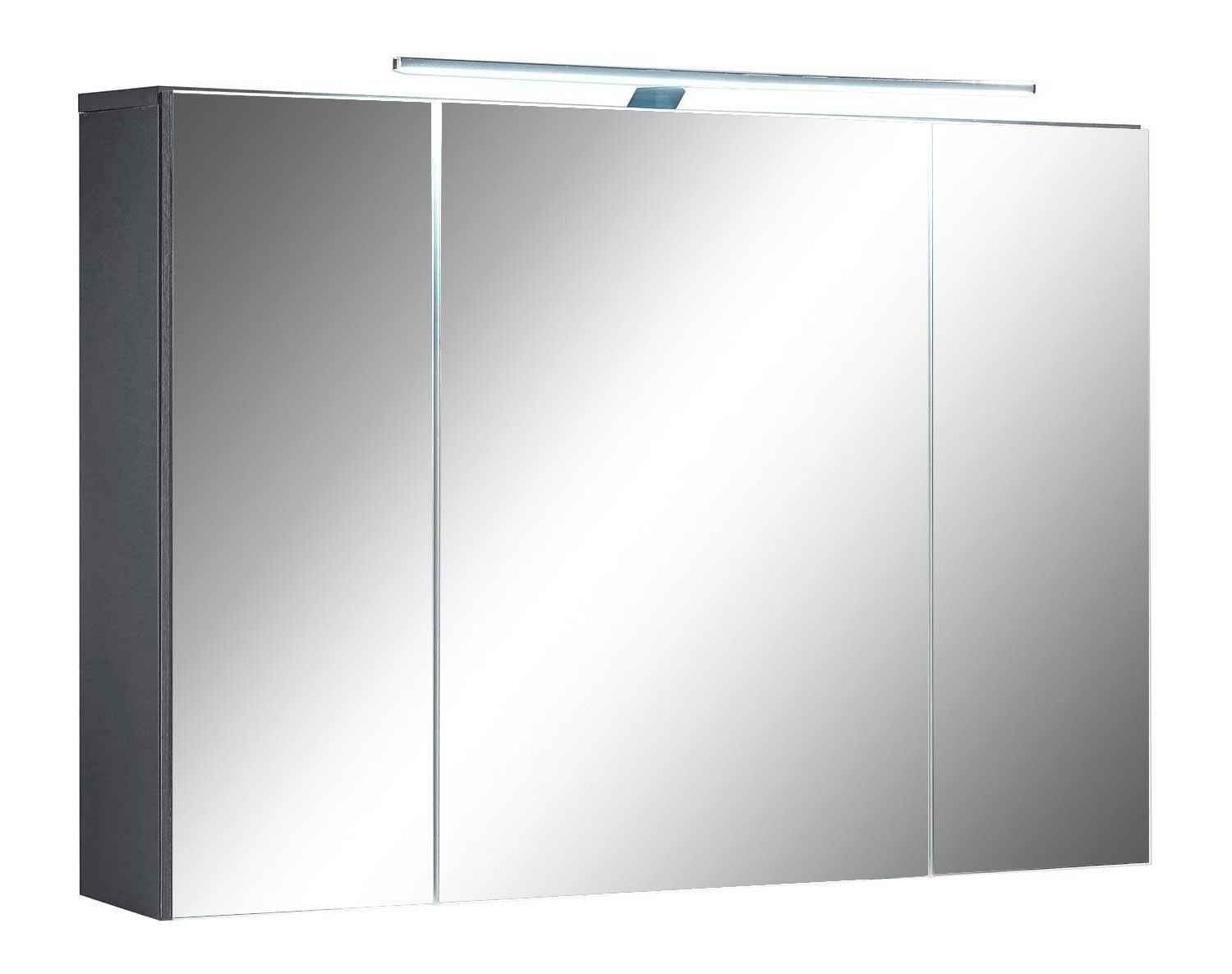 Badezimmerspiegelschrank cm, grau, 99 MANHATTAN, LED-Aufsatzleuchte Spiegeltüren, Spiegelschrank 3 B