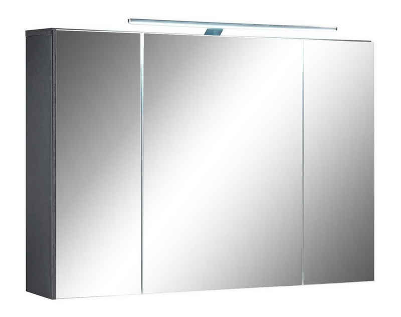 Badezimmerspiegelschrank Spiegelschrank MANHATTAN, grau, B 99 cm, 3 Spiegeltüren, LED-Aufsatzleuchte