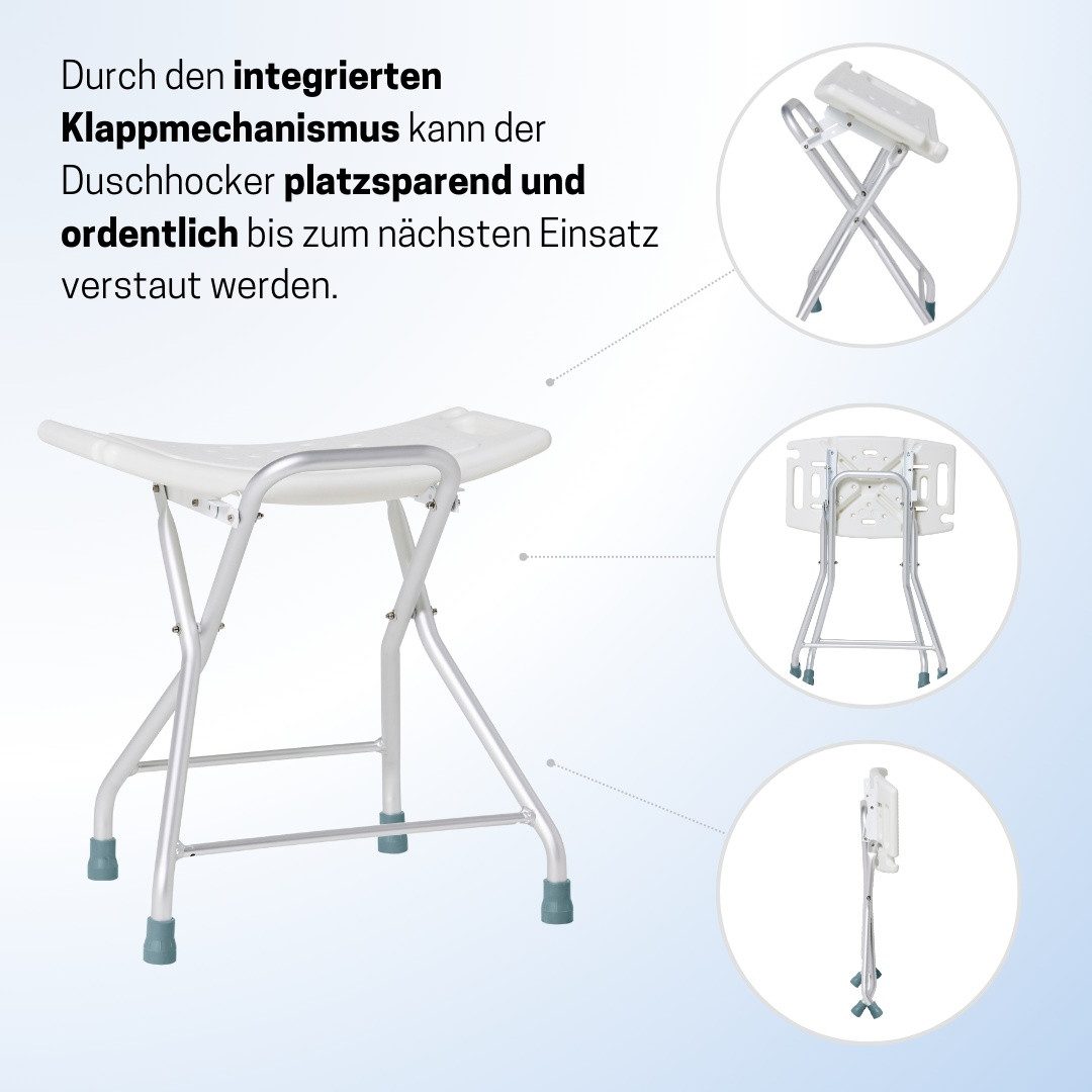 Medosan Duschhocker klappbar & rutschfest, Belastbar bis 100 kg, Duschstuhl, Badhocker, rutschfester Stand