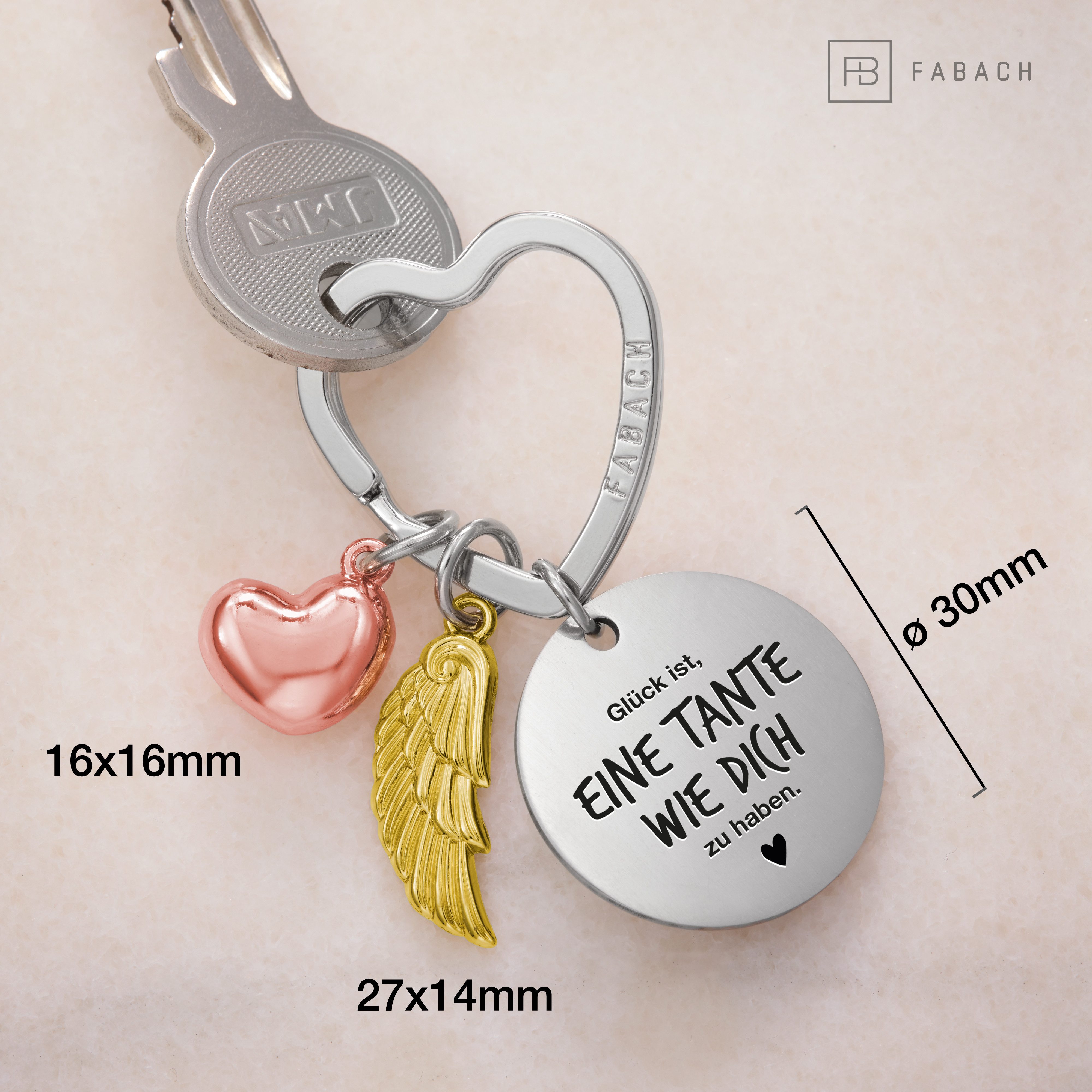 FABACH Schlüsselanhänger Glücksbringer Herz und Engelsflügel mit Gravur "Beste Tante"