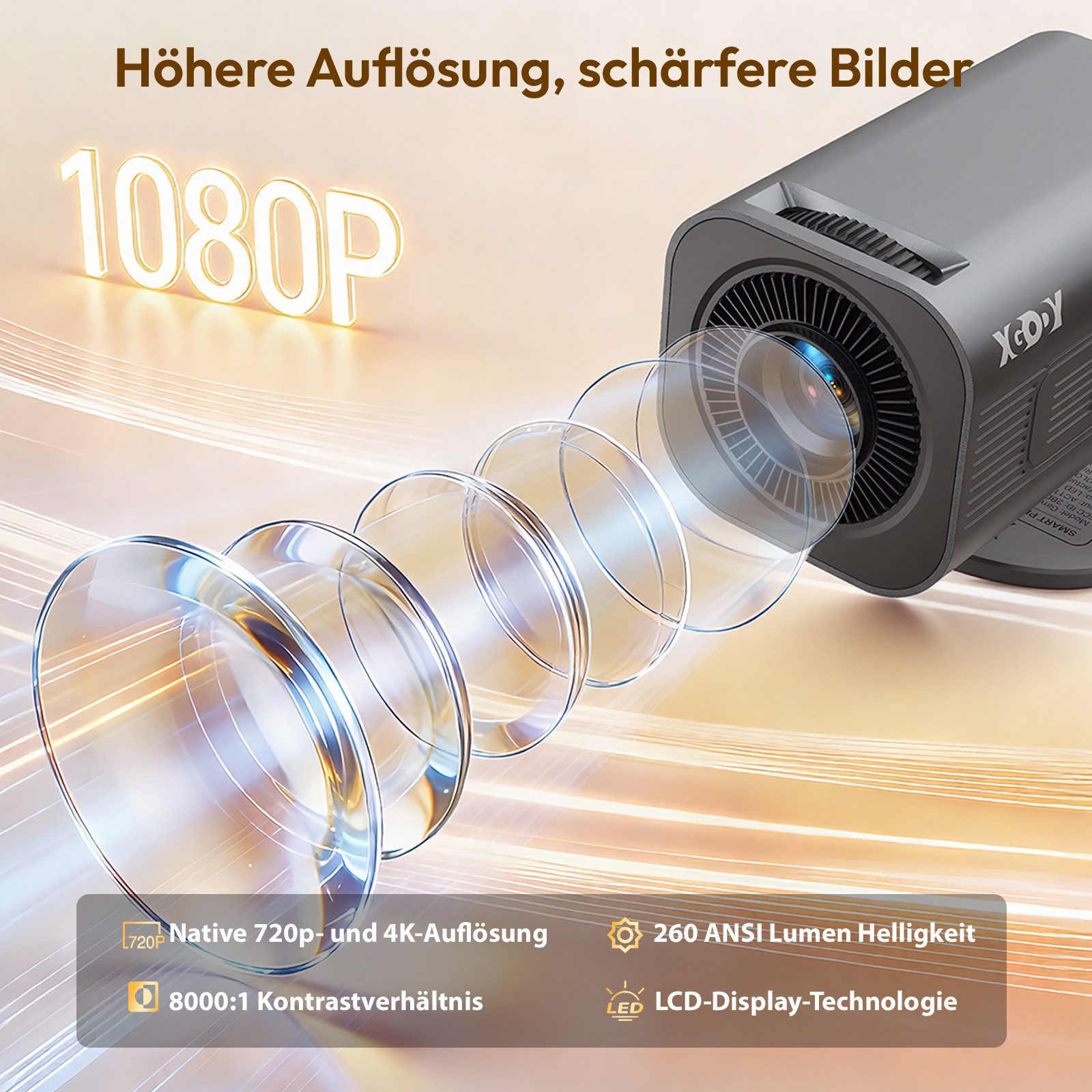 XGODY 2026 Neu Tragbarer Projektor Gimbal 3Pro 4K Android 14 Wifi6 BT 5.4 Mini-Beamer (260 lm, 8000:1, 3840 x 2160 px, Android 14 OS mit App-Store, Youtube, Net – Bild 4 von 5