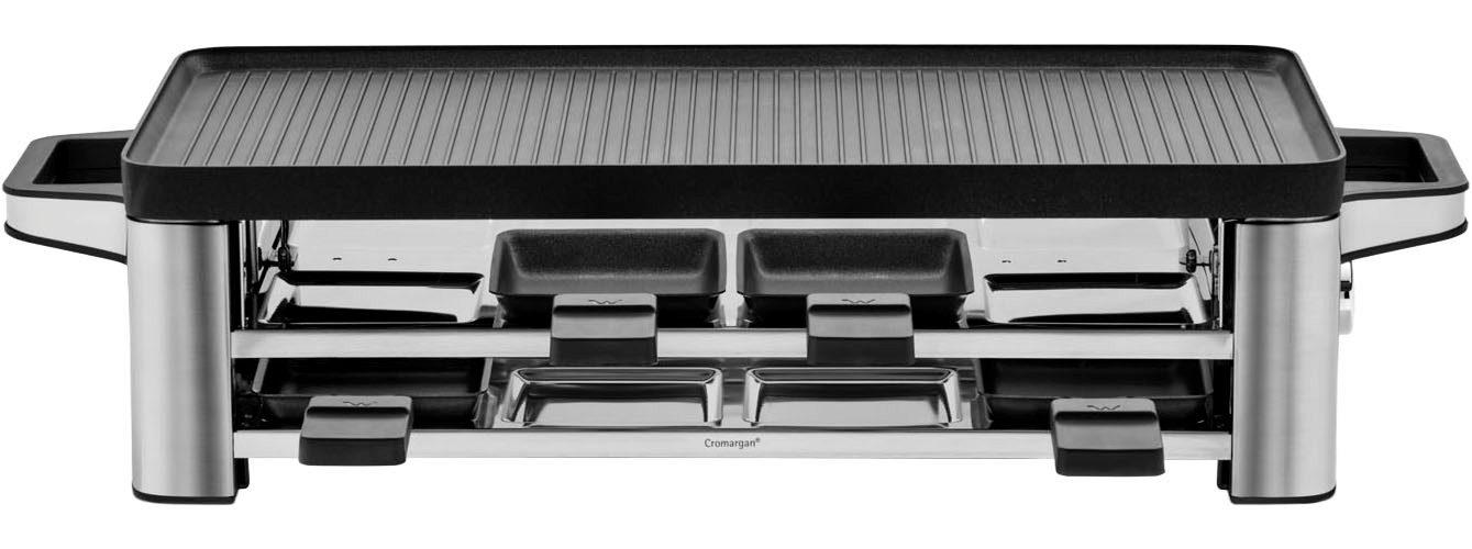 WMF Raclette LONO, inkl. Parkebene für unbenutze Pfännchen, 8 Raclettepfännchen, 1500 W, Spülmaschinengeeignete Pfannen und Spatel, antihaftbeschichtete Platte