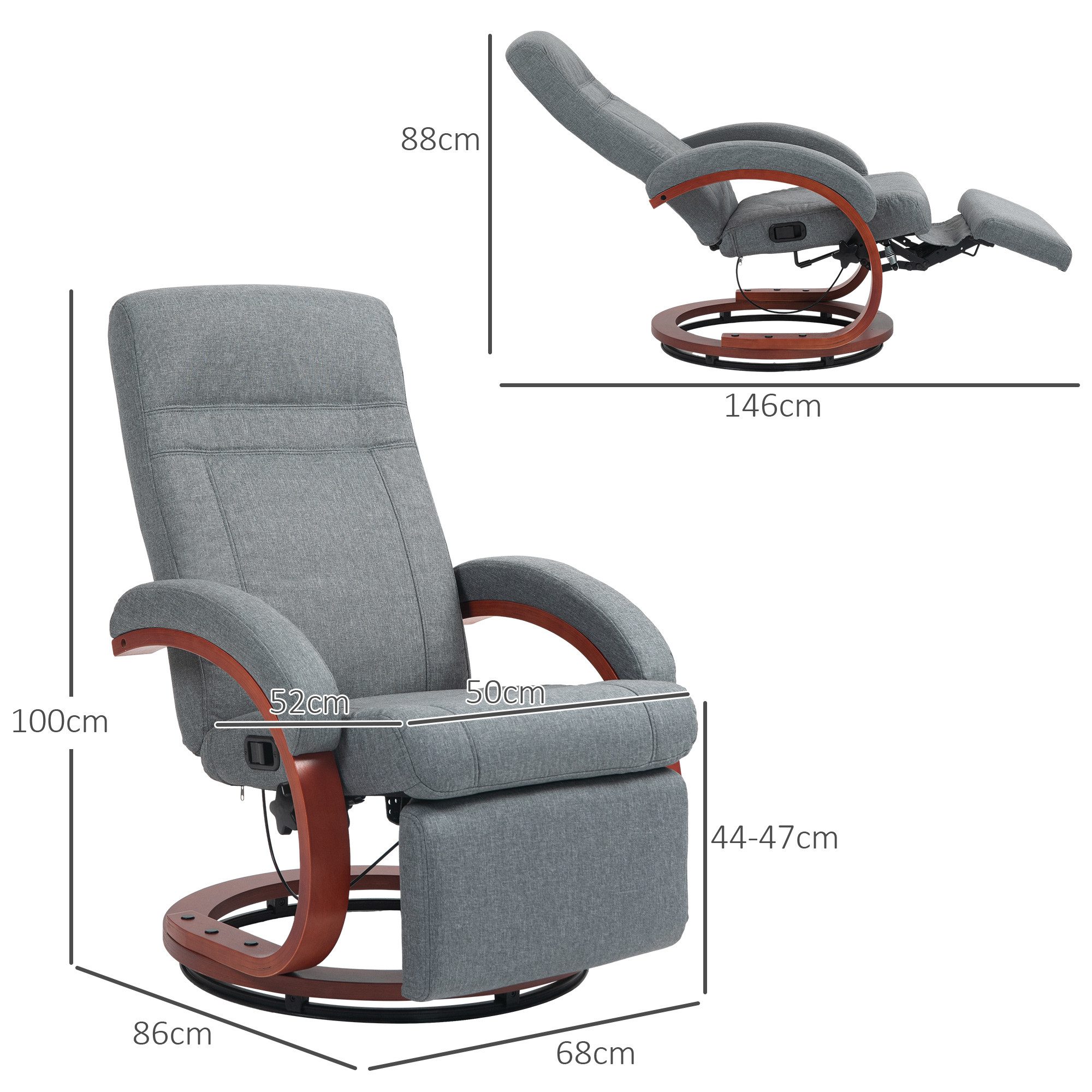 HOMCOM Relaxsessel Fernsehsessel mit Liegefunktion, Armlehne aus Holz (Liegesessel, 1-St., TV-Sessel), für Wohnzimmer, Schlafzimmer, Grau