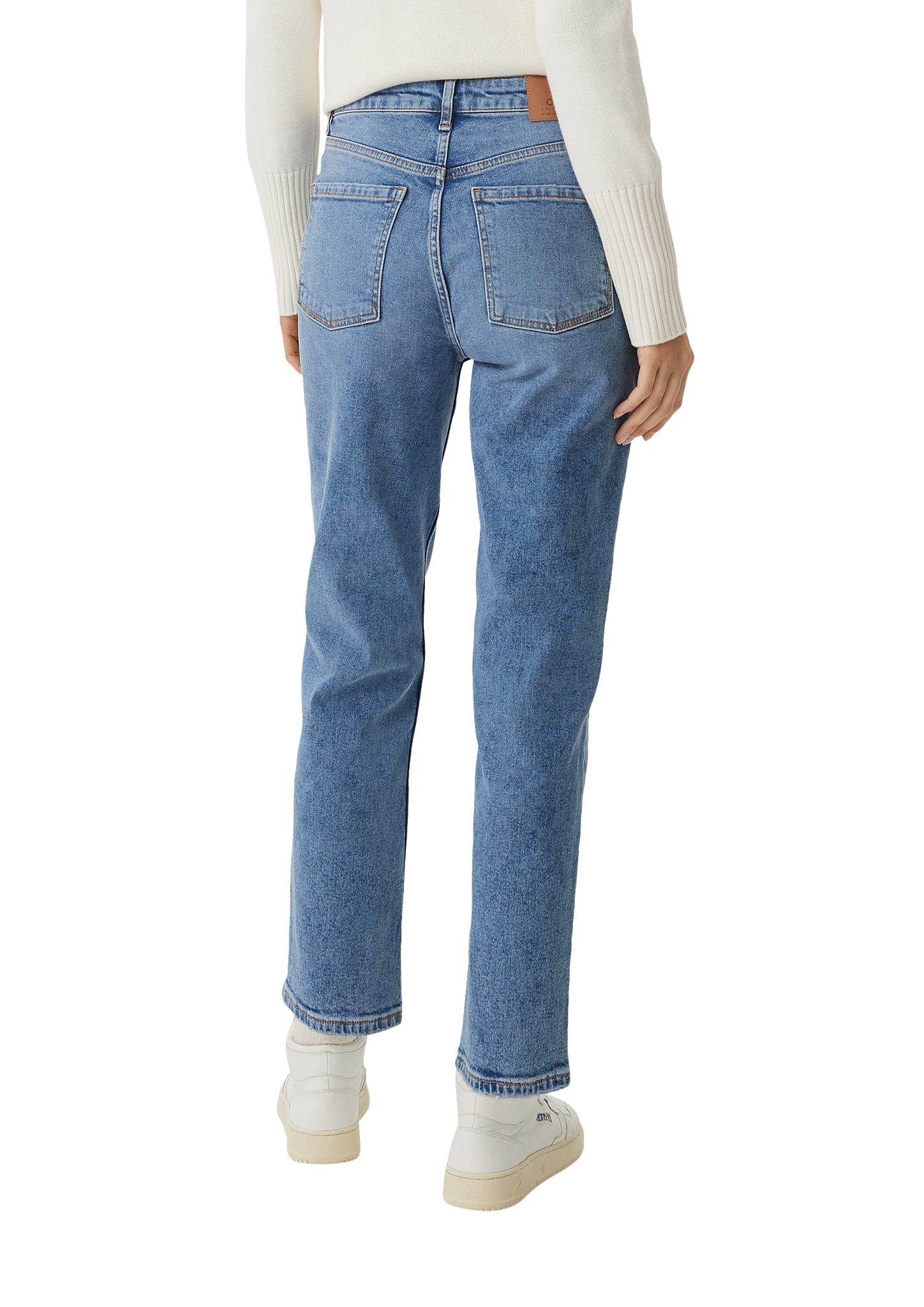 casual identity Kontrastnähte, Slim: Mom Waschung mit 5-Pocket-Jeans comma Jeans Waschung Leder-Patch, Destroyes,