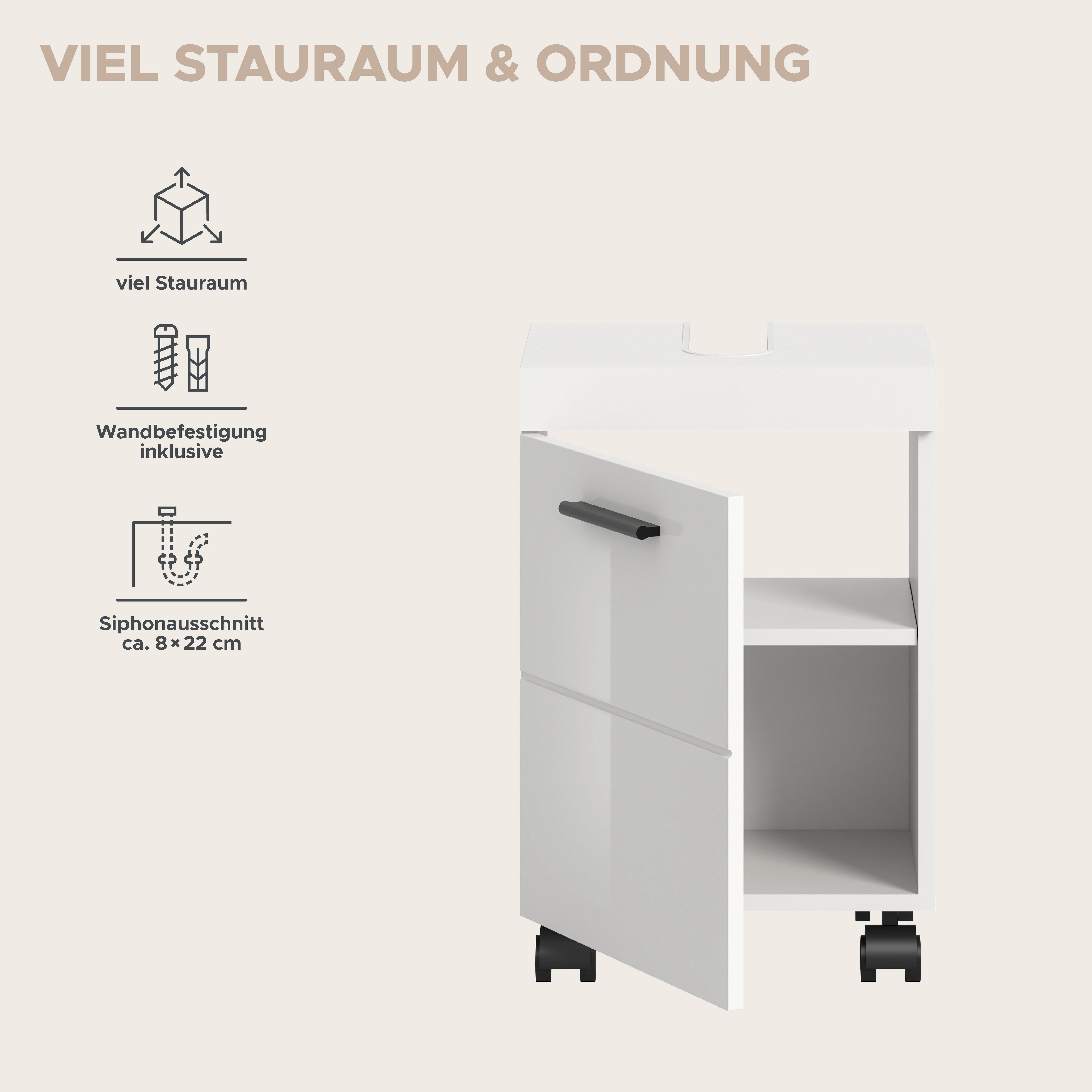welltime Waschbeckenunterschrank AVON, Breite 40 cm, 1 Tür, 1 Einlegboden, 2 Fächer (mit Siphonausschnitt 22x8 cm, Rückwand mit Ausschitt) Badmöbel, Badschrank, – Bild 5 von 5
