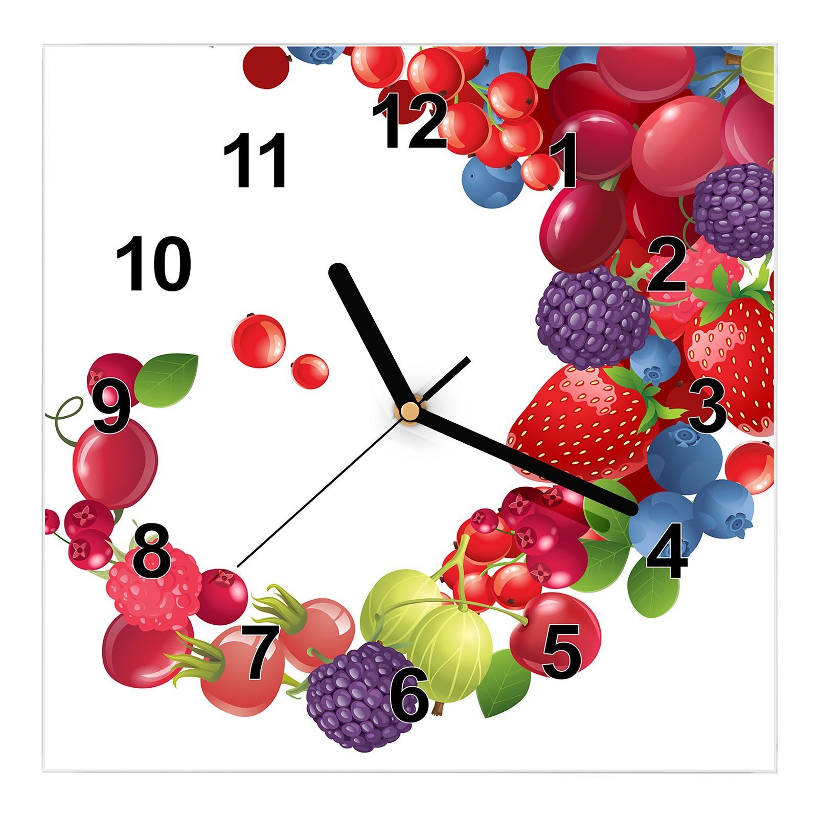 Primedeco Wanduhr Glasuhr Wanduhr Wandkunst Größe 30 x 30 cm mit Motiv Welle aus Beeren