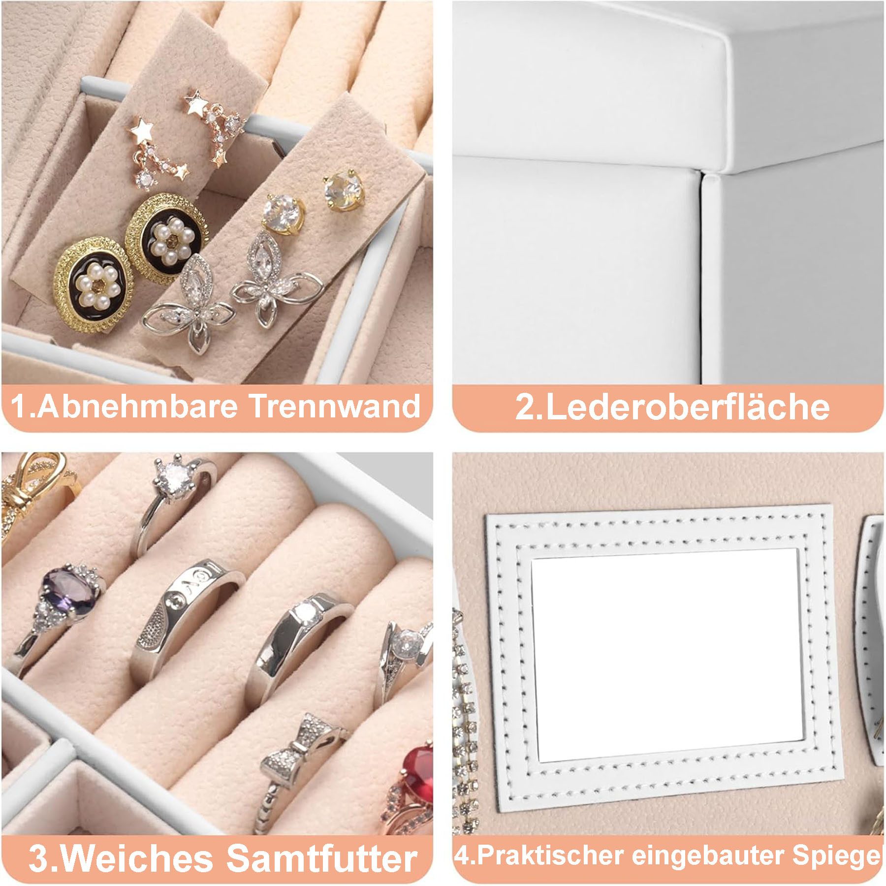 Mutig Schmuckkasten Schmuckkästchen mit 3 Schichten,Schmuckschatulle PU Leder mit Spiegel (Schmuckbox mit Spiegel und Schubladen, Innenfutter aus Samt,weiß, Schmuckbox für Ringe, Ohrringe, Armbänder, Halsketten,Platzsparend), Perfektes Geschenk für Frauen zu Weihnachten, Geburtstag & Erntedank