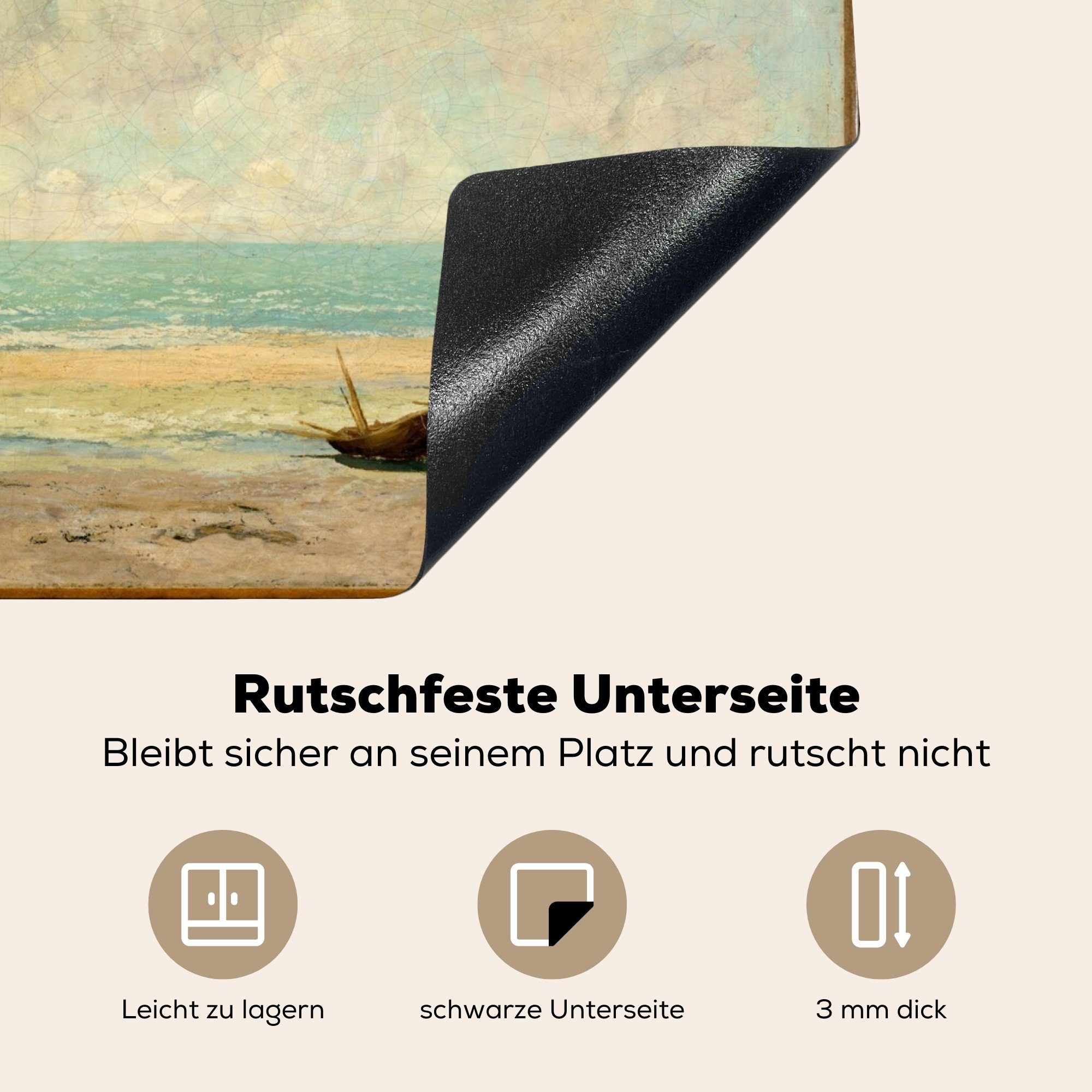 Mobile 60x52 nutzbar, Herdblende-/Abdeckplatte Arbeitsfläche cm, Gemälde Courbet, (1 MuchoWow Das Gustave Vinyl, ruhige - von Meer Ceranfeldabdeckung tlg),