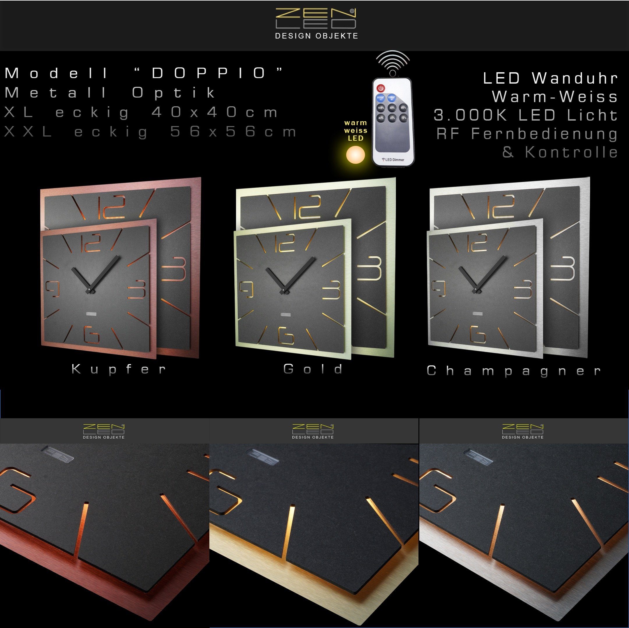 Metall Fernbedienung) Wanduhr 3D-Effekt über steuerbaren - Gold LEDs mit Holz DOPPIO 40/56cm (hinterleuchtet Wanddeko Optik warm-weiss ECKIG und in Designer ZENLED