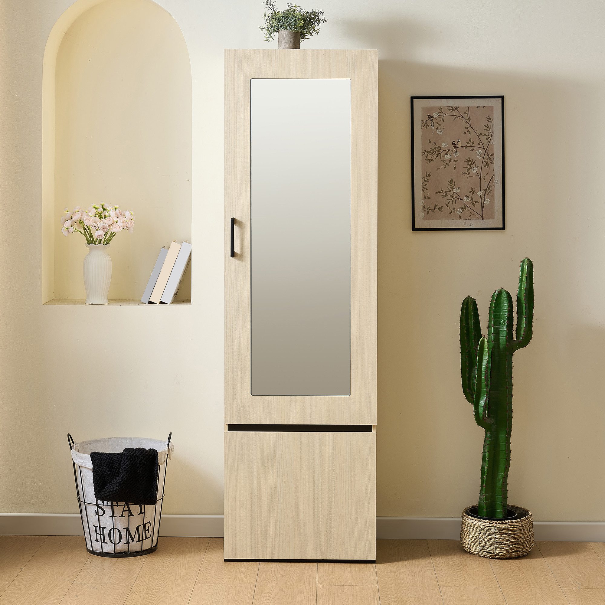 Refined Living Garderoben-Set Schmaler Garderobenschrank mit Spiegel & ausziehbarer Kleiderstange, (Garderobe Flur Eingangs­schrank Flur-Schrank mit Spiegel, Schuh- und Jackenschrank, Moderner Flur- und Eingangs­schrank aus MDF in heller Holzoptik mit schwarzen Details, 1-St., Hochwertiges Material & einfache Montage,Großer Stauraum), platzsparend für Flur, Eingangsbereich, Schlafzimmer & Wohnung