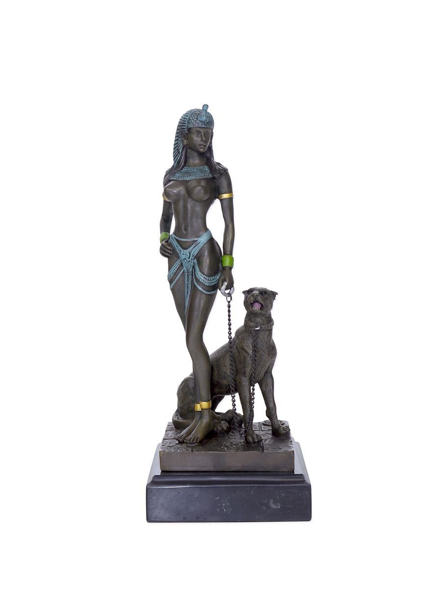 AFG Dekoobjekt Bronze Figur Cleopatra mit auf Panther Marmorsockel