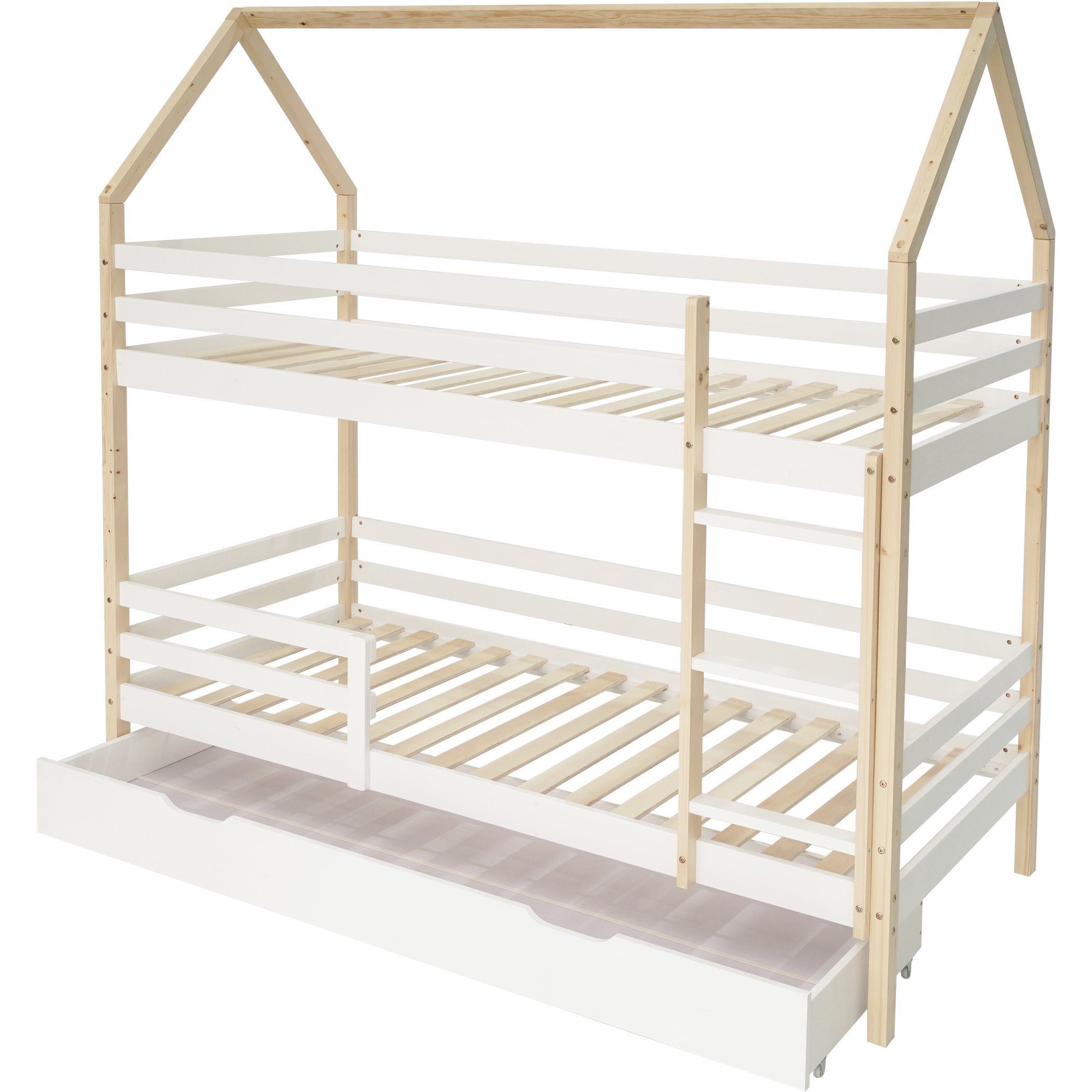 Kinderbett Etagenbett, Hausform, große Schubladen, Kiefernholz, 90x200cm, weiß