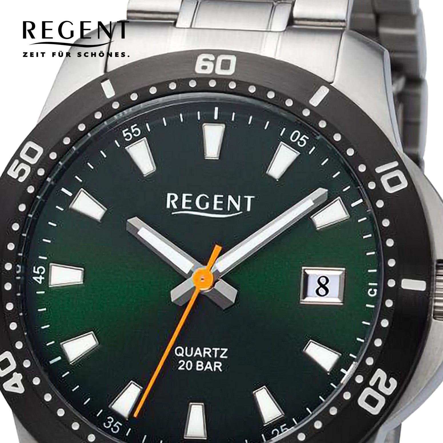Regent Quarzuhr Regent Herren rund, Herren Armbanduhr Armbanduhr groß (ca. 40mm), Metallarmband Analog, extra