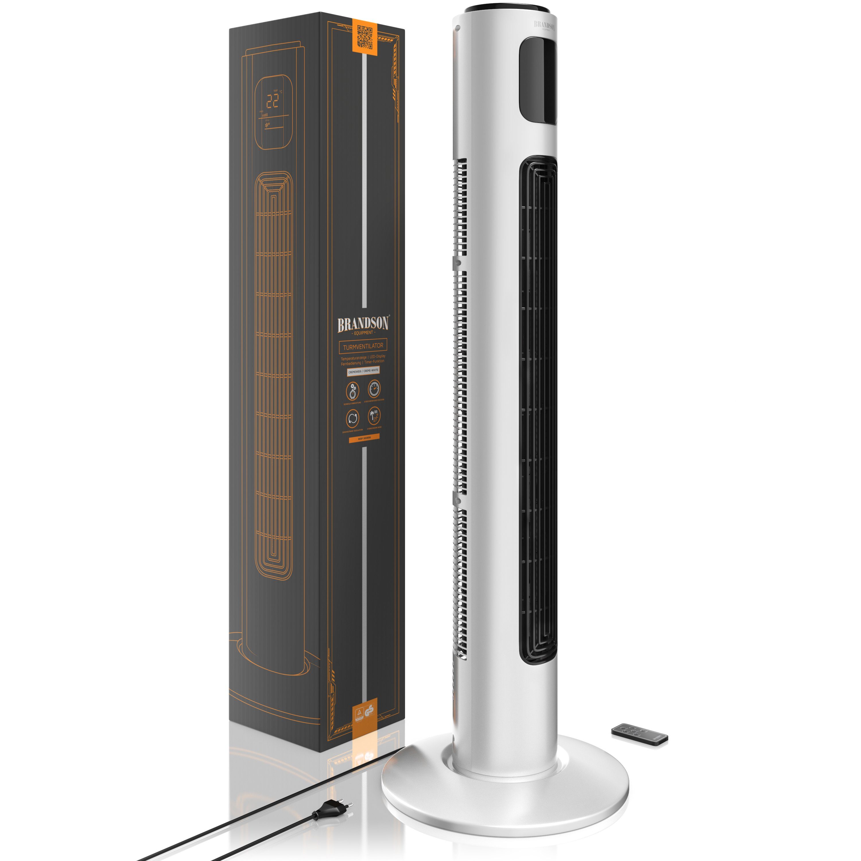 Brandson Turmventilator, Standventilator 96cm, Fernbedienung, 65°, Oszillation Timer, Perlweiß