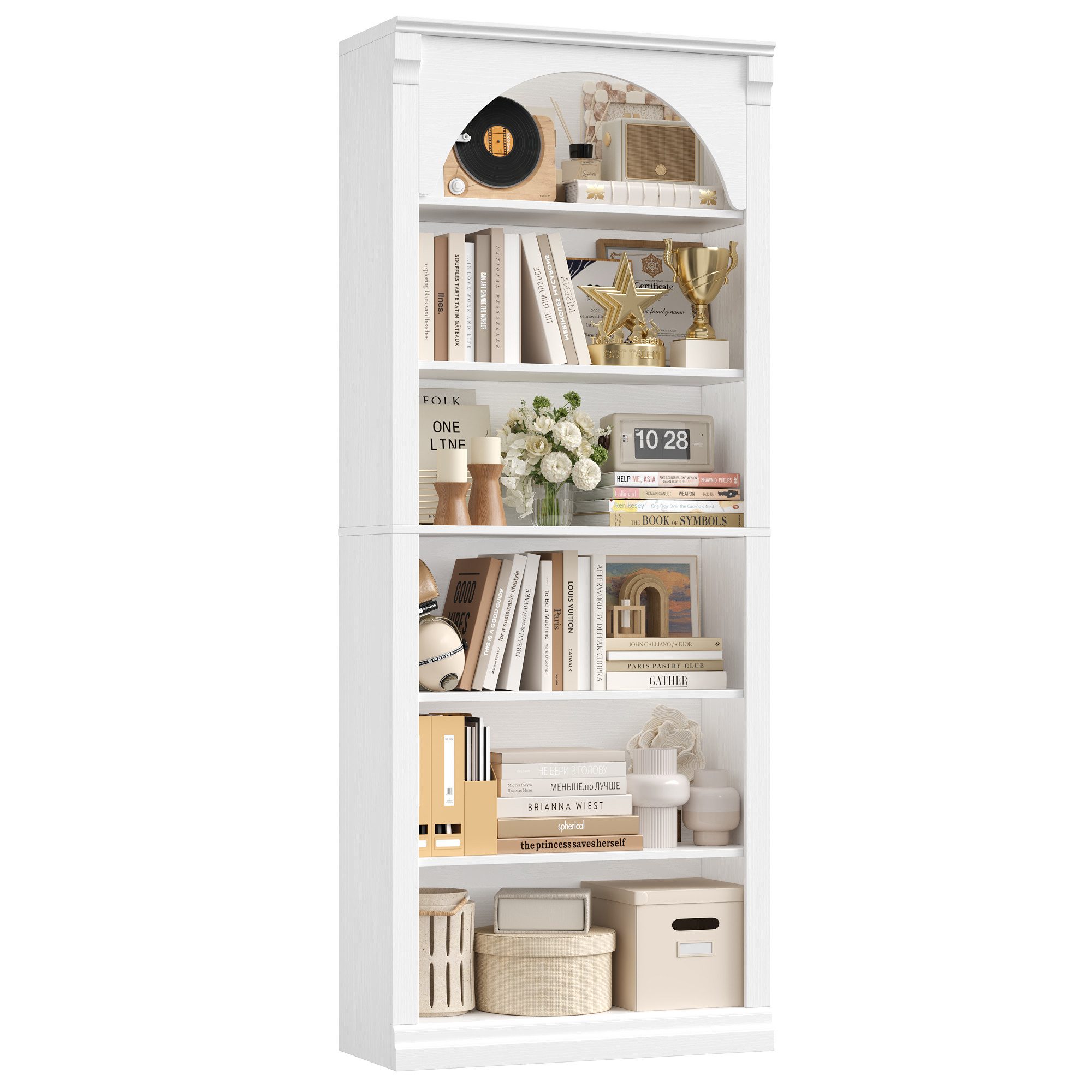 Homfa Bücherregal gewölbtes Bücherschrank, Standregal mit 6 Fächern 75x28x186cm Weiß