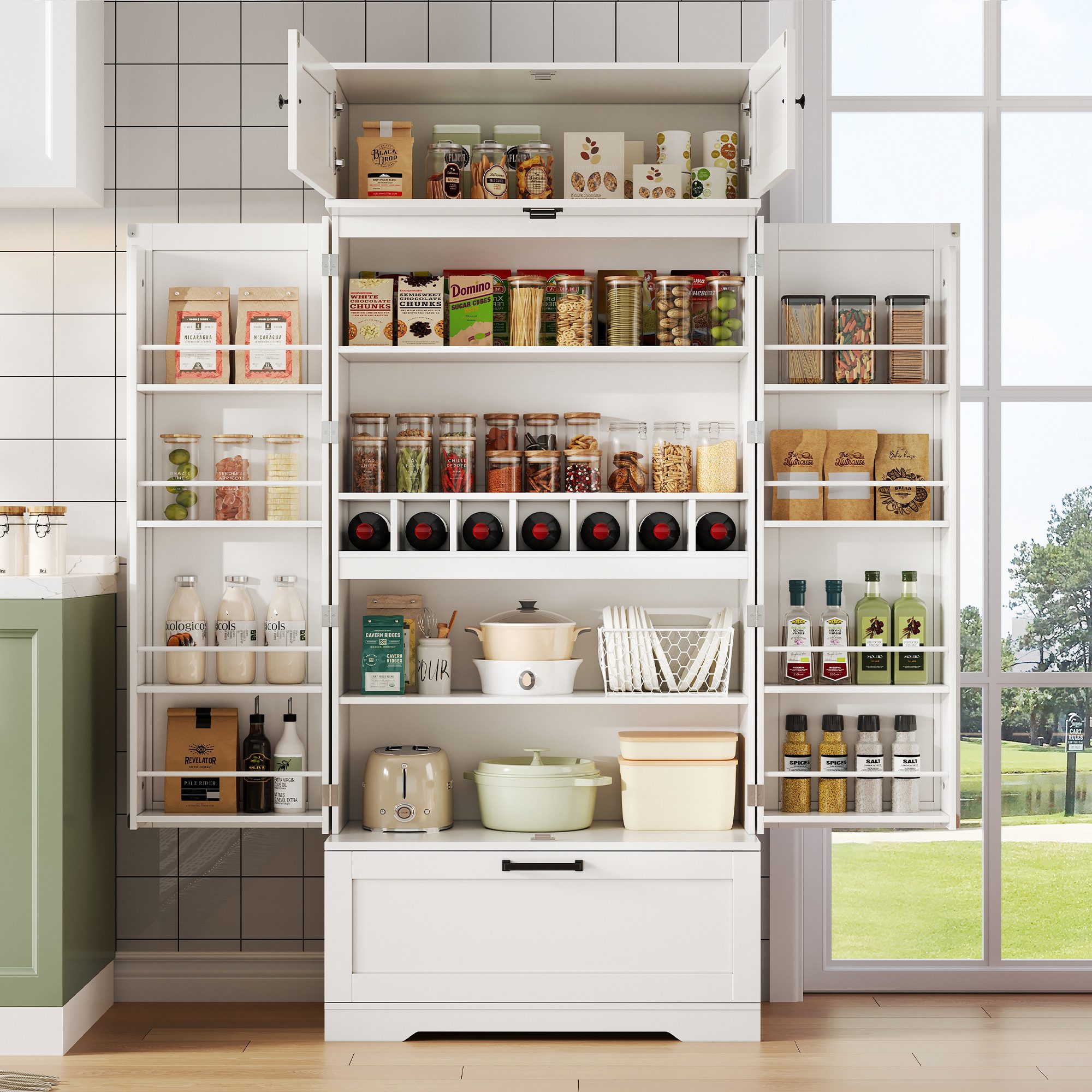 Odikalo Sideboard Küchenschrank Küchenbuffet Hochschrank Weiss (80×40×180cm großer,freistehender Küchenaufbewahrungsschrank mit verstellbaren Einlegeböden,Schubladen,Weinregal und Türen mit Einlegeböden.Geeignet für Esszimmer und Wohnbereiche.Industrieller Stil)