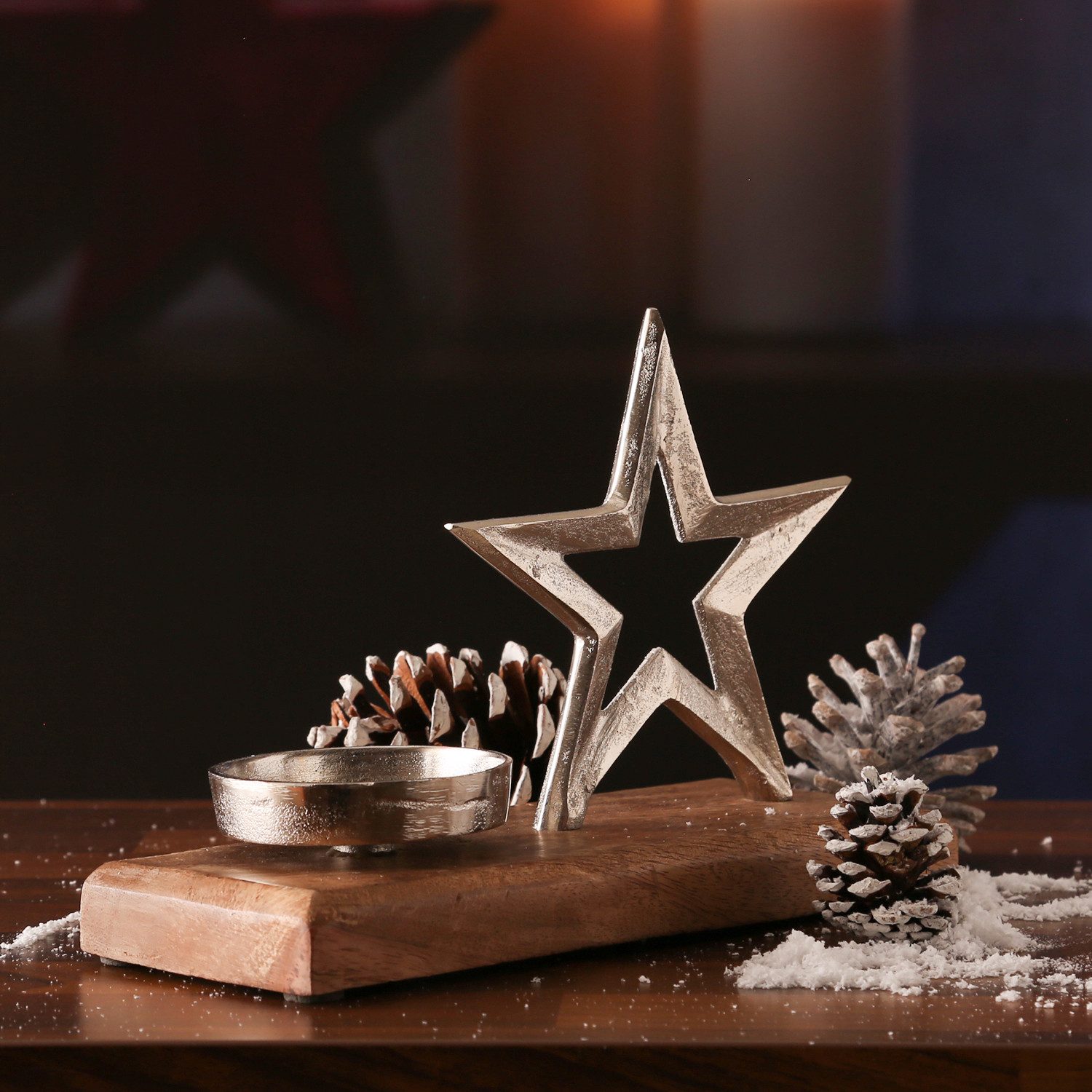 MARELIDA Teelichthalter Teelichthalter STERN Kerzenhalter Alu Mangoholzsockel Weihnachten (1 St) – Bild 3 von 5