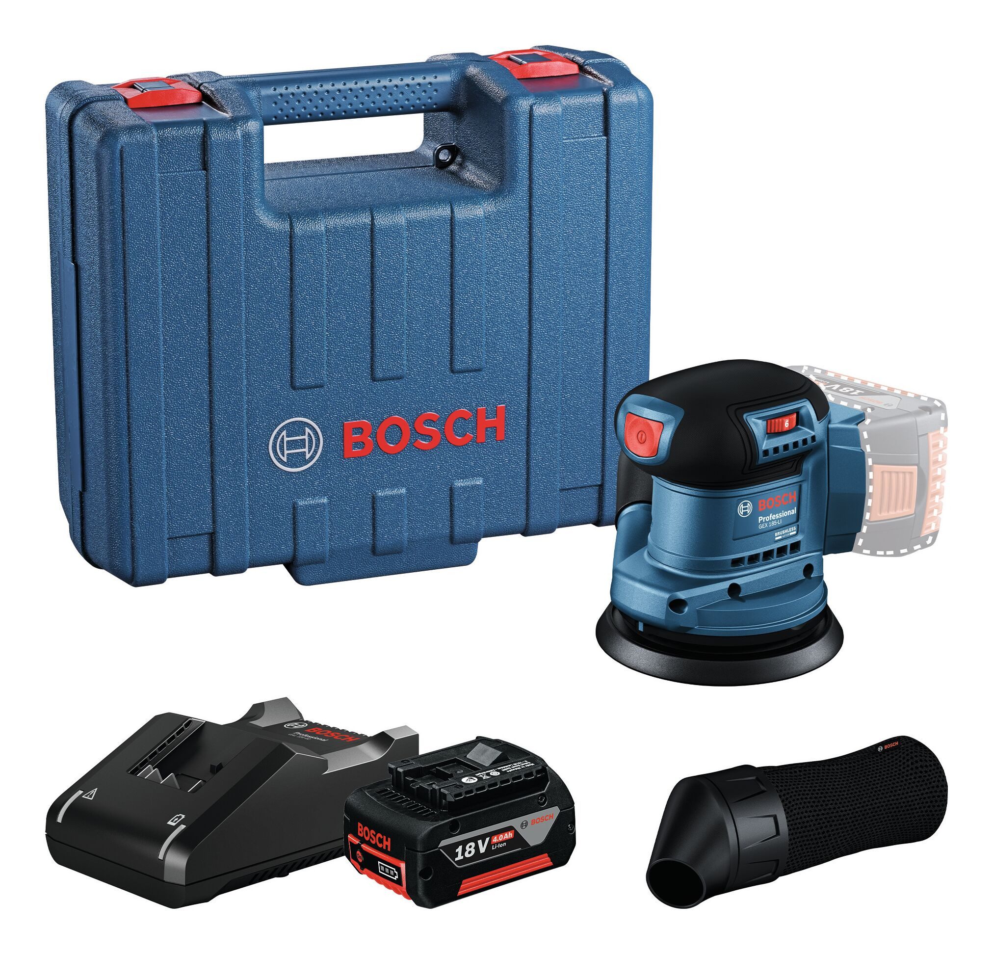 BOSCH Akku-Exzenterschleifer GEX 185-LI, max. 10000 U/min, 20000 U/min, Mit 1x Akku 4 Ah - im Handwerkerkoffer